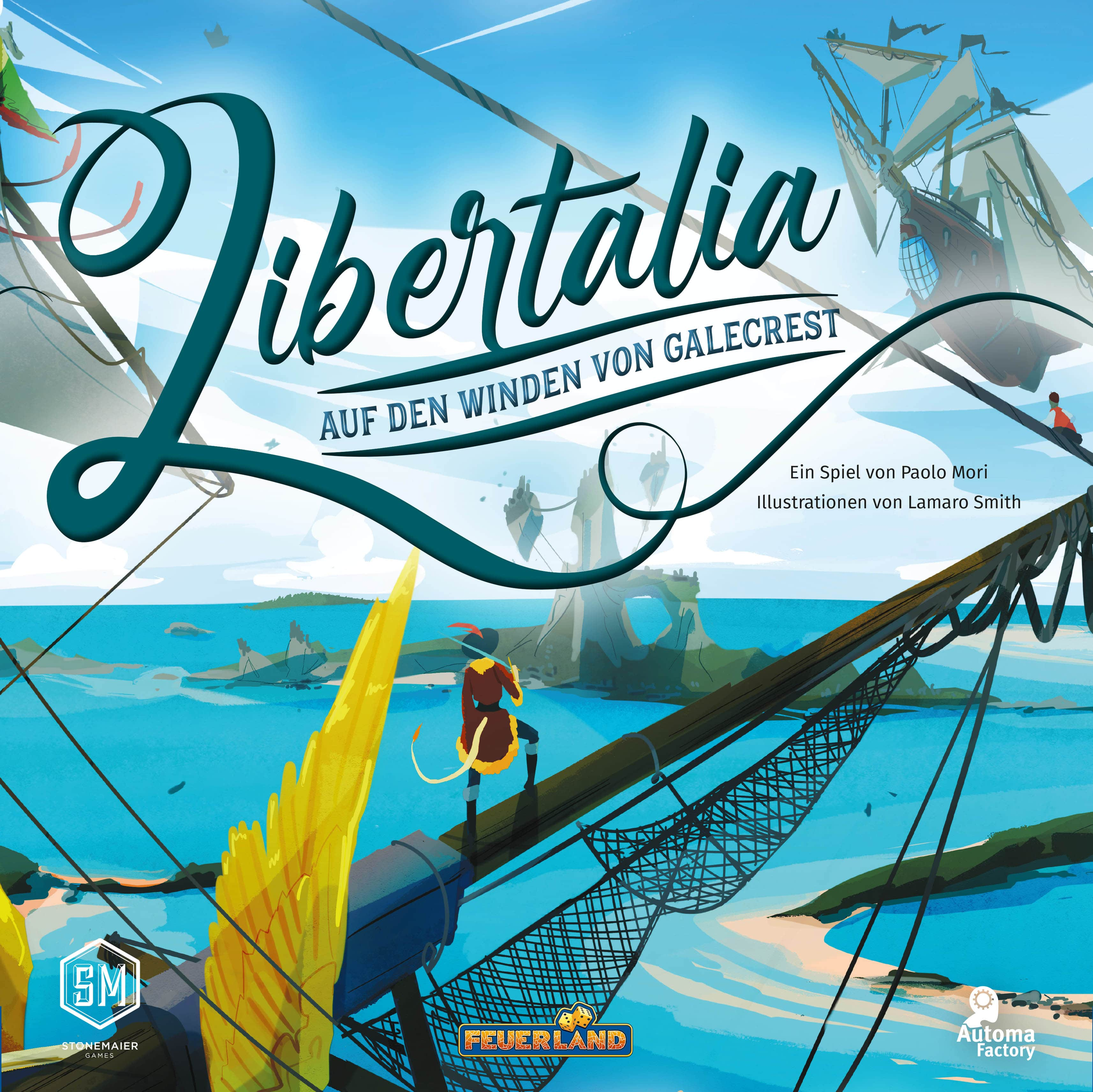 Spielbox-Art mit einem Piraten auf einem Schiffsdeck, mit Schiffen und Text im Hintergrund. Blaue und gelbe Farben.