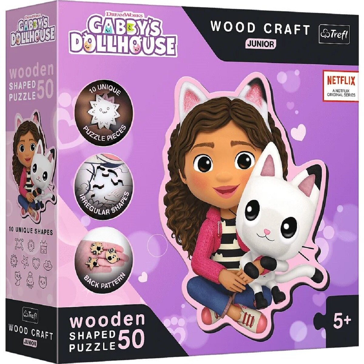Scatola del puzzle in legno Gabby's Dollhouse. Ha Gabby con le orecchie da gatto e un gatto bianco. La scatola contiene informazioni sul puzzle.