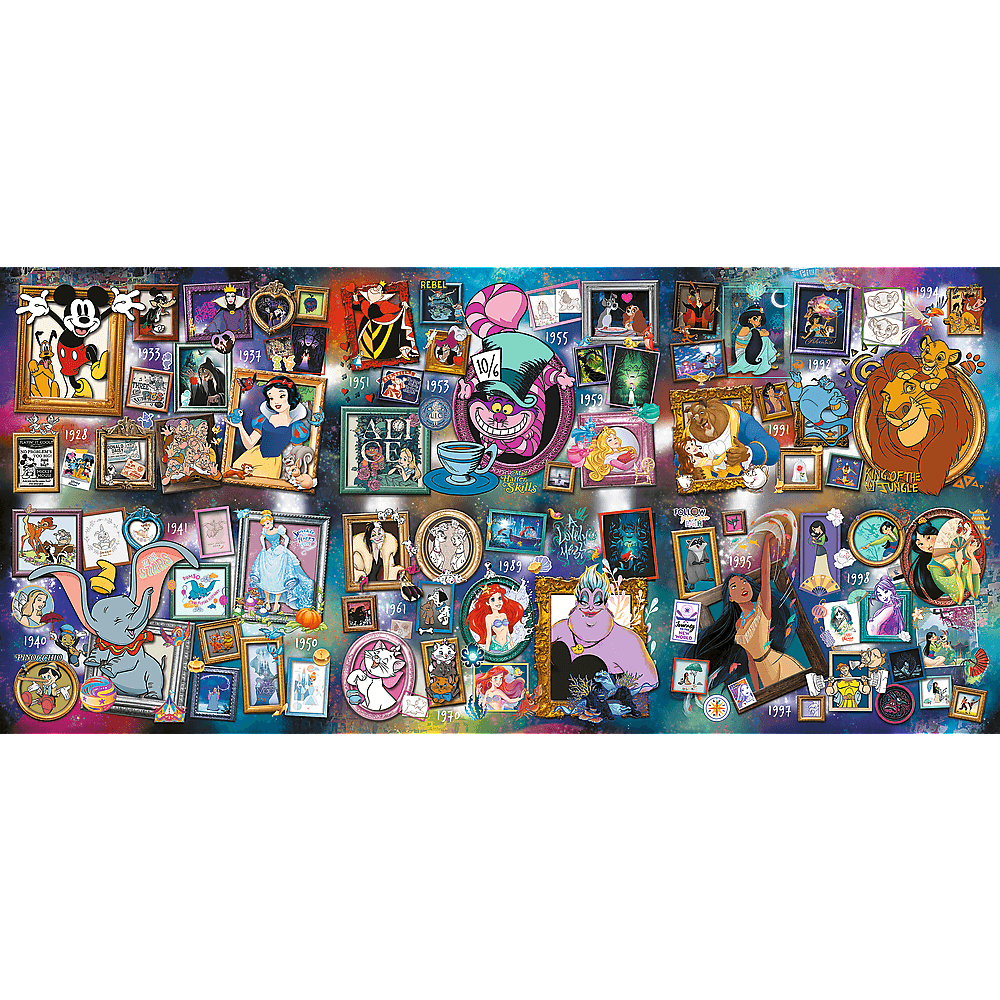 Eine Collage von Disney-Filmbildern mit Figuren wie Micky Maus, Schneewittchen, Alice und Simba, angeordnet in gerahmten Abschnitten.