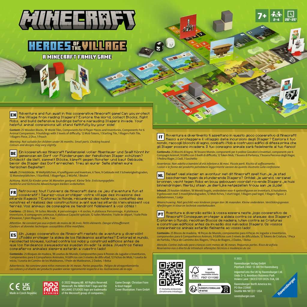 Pudełko gry planszowej Minecraft. Zielone i niebieskie tło. Widoczne elementy i tekst gry.