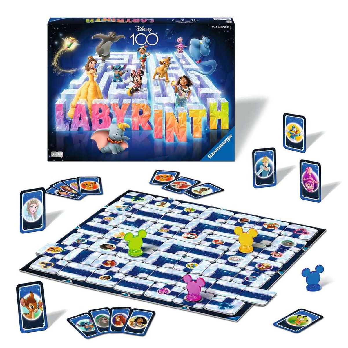Gra planszowa Disney Labyrinth. Pokazuje planszę, pionki, karty i pudełko z postaciami Disneya.