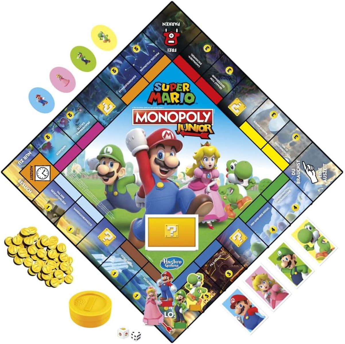 Gioco da tavolo Super Mario Monopoly Junior. Mario, Luigi, Peach e Yoshi sono presenti sul tabellone con altri pezzi.