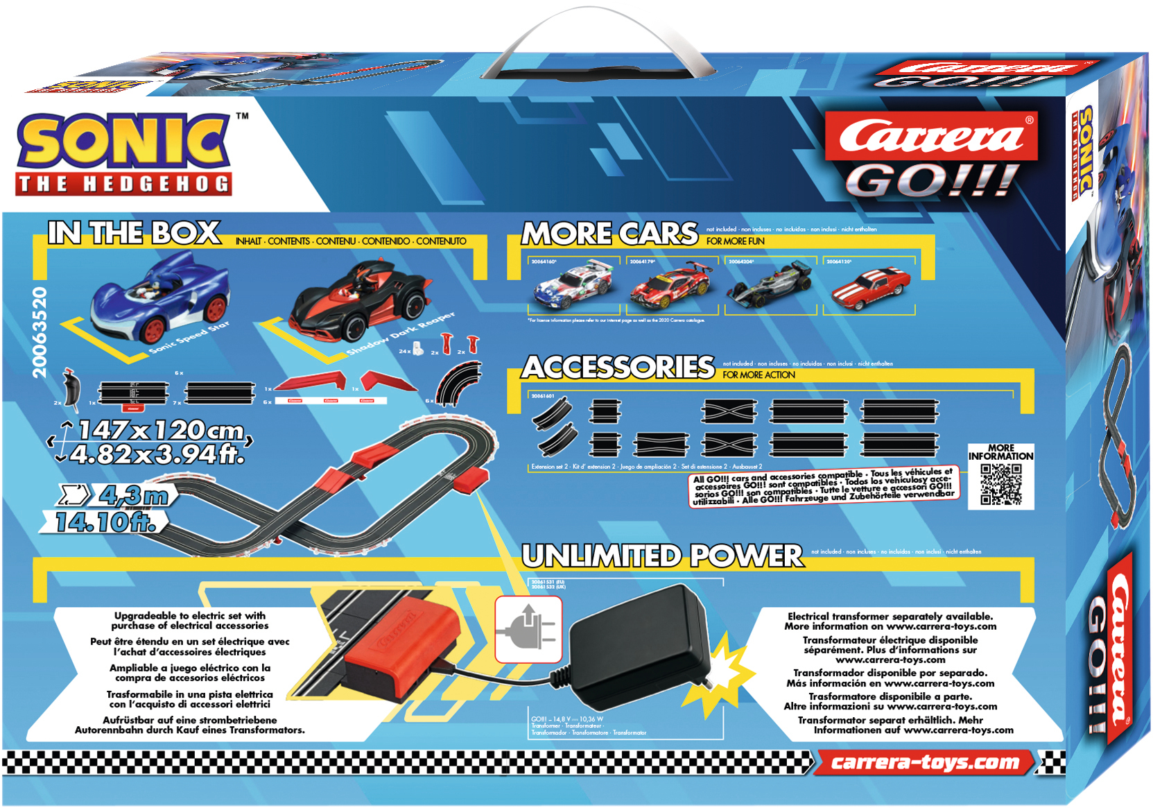 Grafika pudełka do zestawu wyścigowego Carrera GO!!! Sonic the Hedgehog. Zawiera samochody, tor i akcesoria.