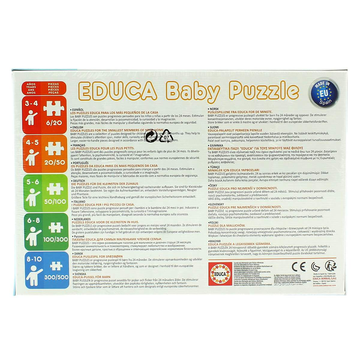 Pudełko z napisem 'EDUCA Baby Puzzle'. Zawiera elementy układanki i tekst w językach.