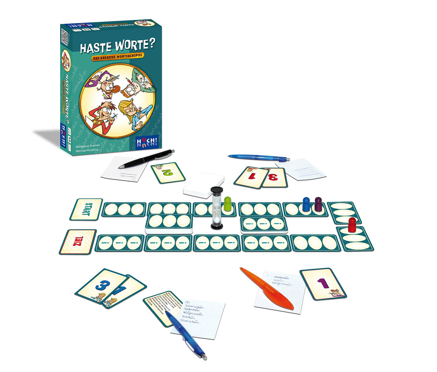 Ein Brettspiel mit Karten, Stiften und einem Timer. Die Box sagt 'HASTE WORTE?' Karten zeigen Zahlen. Das Layout deutet auf Gameplay hin.