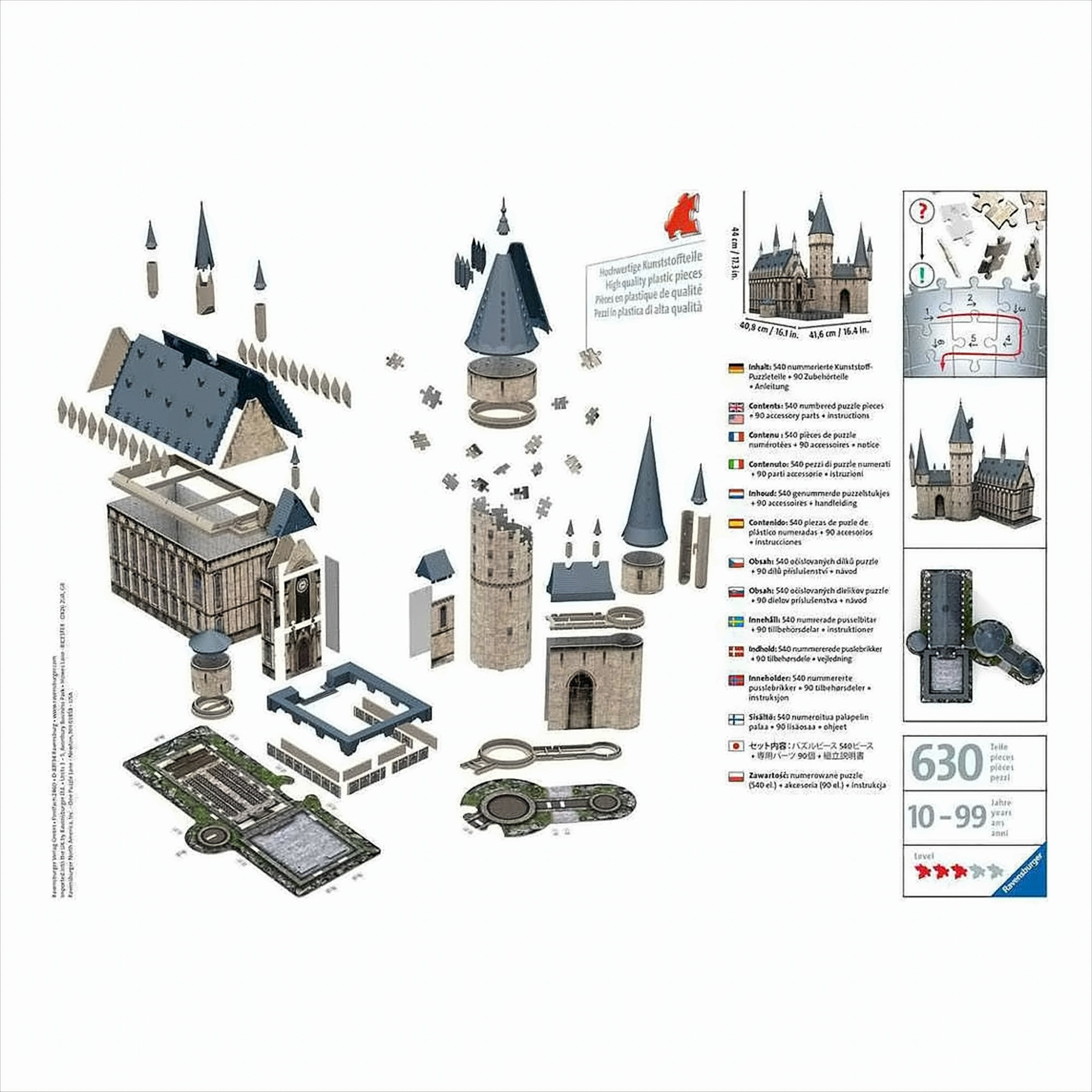 Rozłożona układanka Hogwartu z elementami, obrazem zamku i instrukcją.