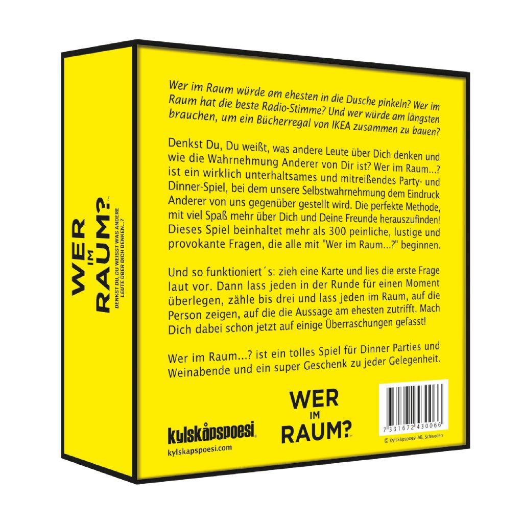 Schachtel mit der Aufschrift 'Wer im Raum?' Text beschreibt ein Partyspiel mit Fragen.