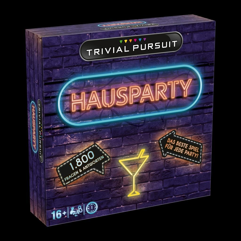 Eine Trivial Pursuit Hausparty-Spielbox. Sie hat Neon-Schriftzüge und einen Ziegelhintergrund. Sie hat Party-Symbole und Text.