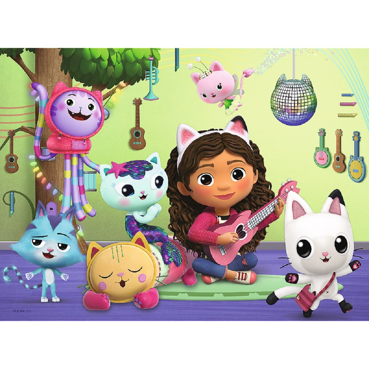 Gabby and cat characters with instruments. A girl plays guitar surrounded by cat friends in a colorful scene with musical elements.