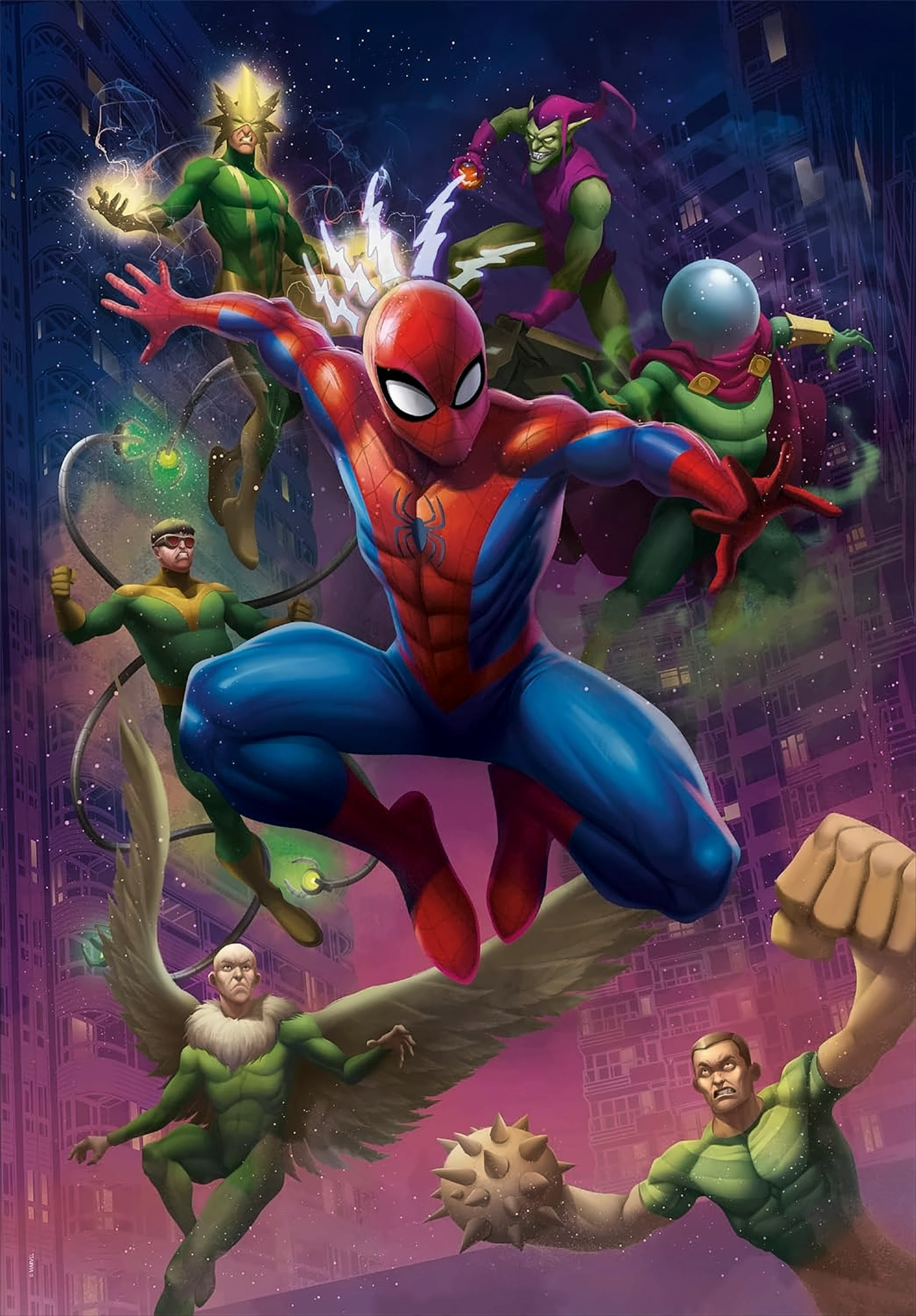 Spider-Man saute, entouré de méchants comme Electro, Bouffon Vert et autres, sur fond de ville.