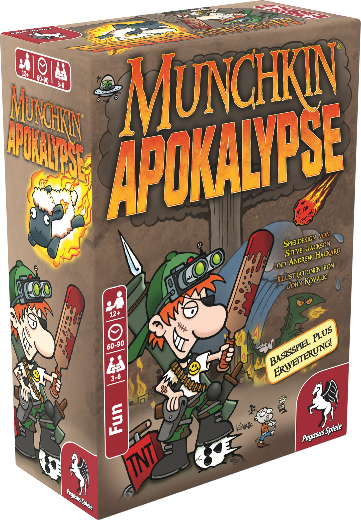 Box-Art für Munchkin Apocalypse. Zeigt Charaktere mit Waffen, Explosionen und ein Schaf in Flammen. Der Spieletitel ist prominent.