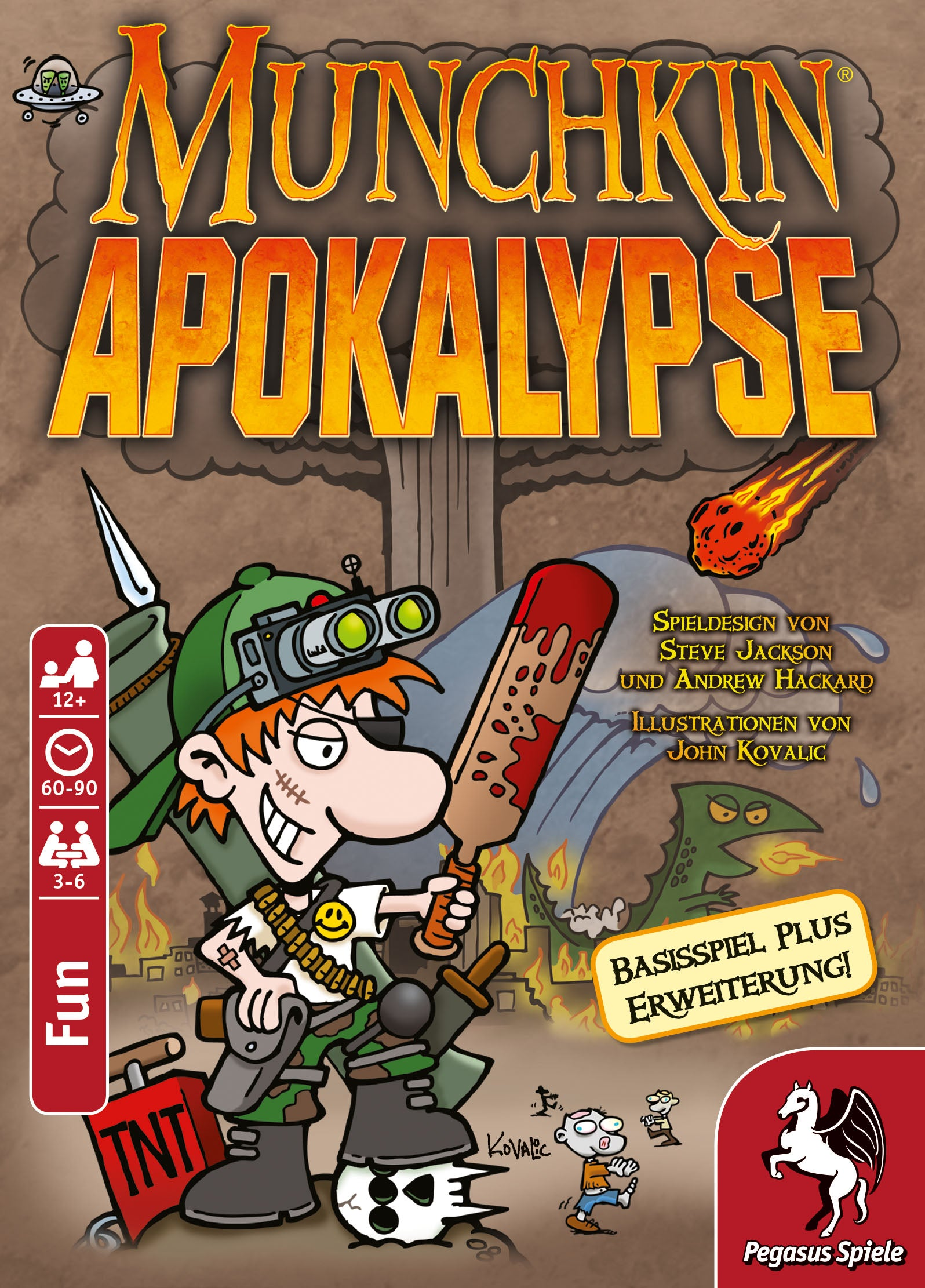 Cover-Art für Munchkin Apokalypse. Eine Comicfigur hält einen blutigen Schläger. Enthält Explosionen, ein Monster und eine TNT-Box.