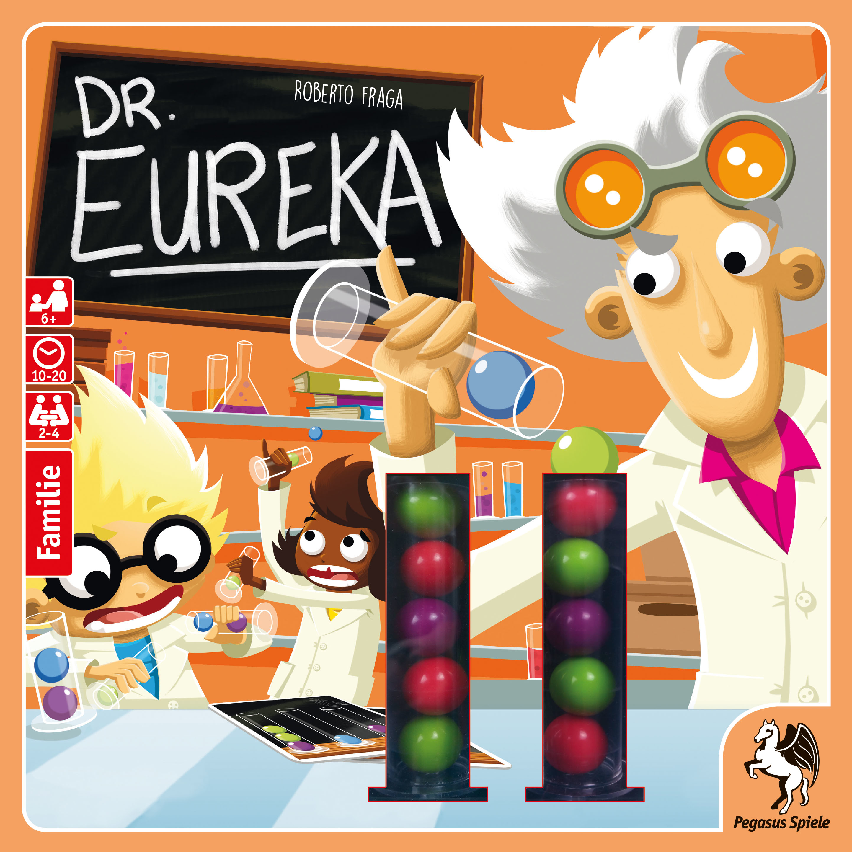 Spielbox-Kunst für Dr. Eureka. Enthält Cartoon-Wissenschaftler mit Röhren und farbigen Kugeln. Das Spiellogo wird angezeigt.