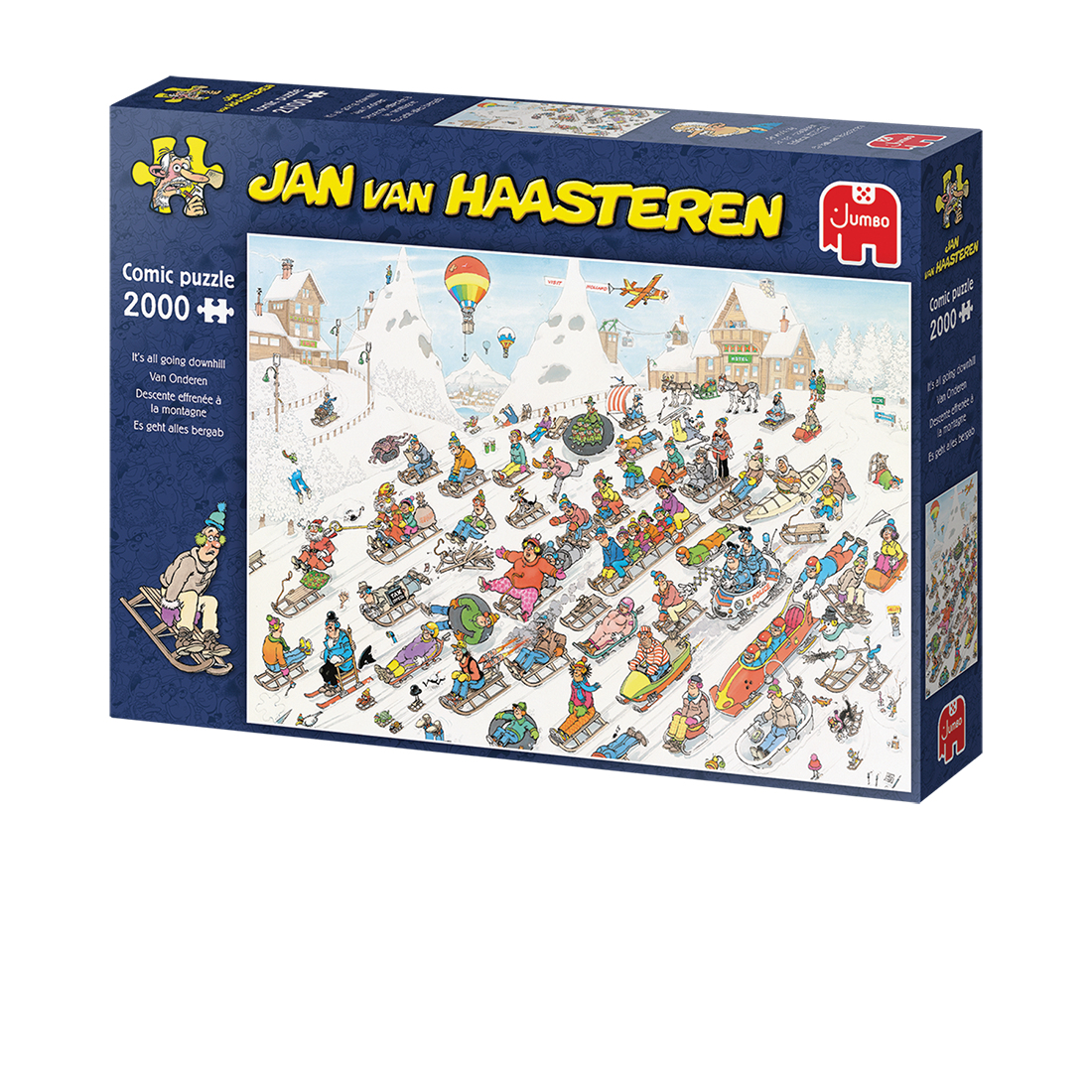 Puzzelbox toont een winters tafereel met mensen die van een besneeuwde heuvel sleeën. Bergen, gebouwen en een heteluchtballon op de achtergrond.