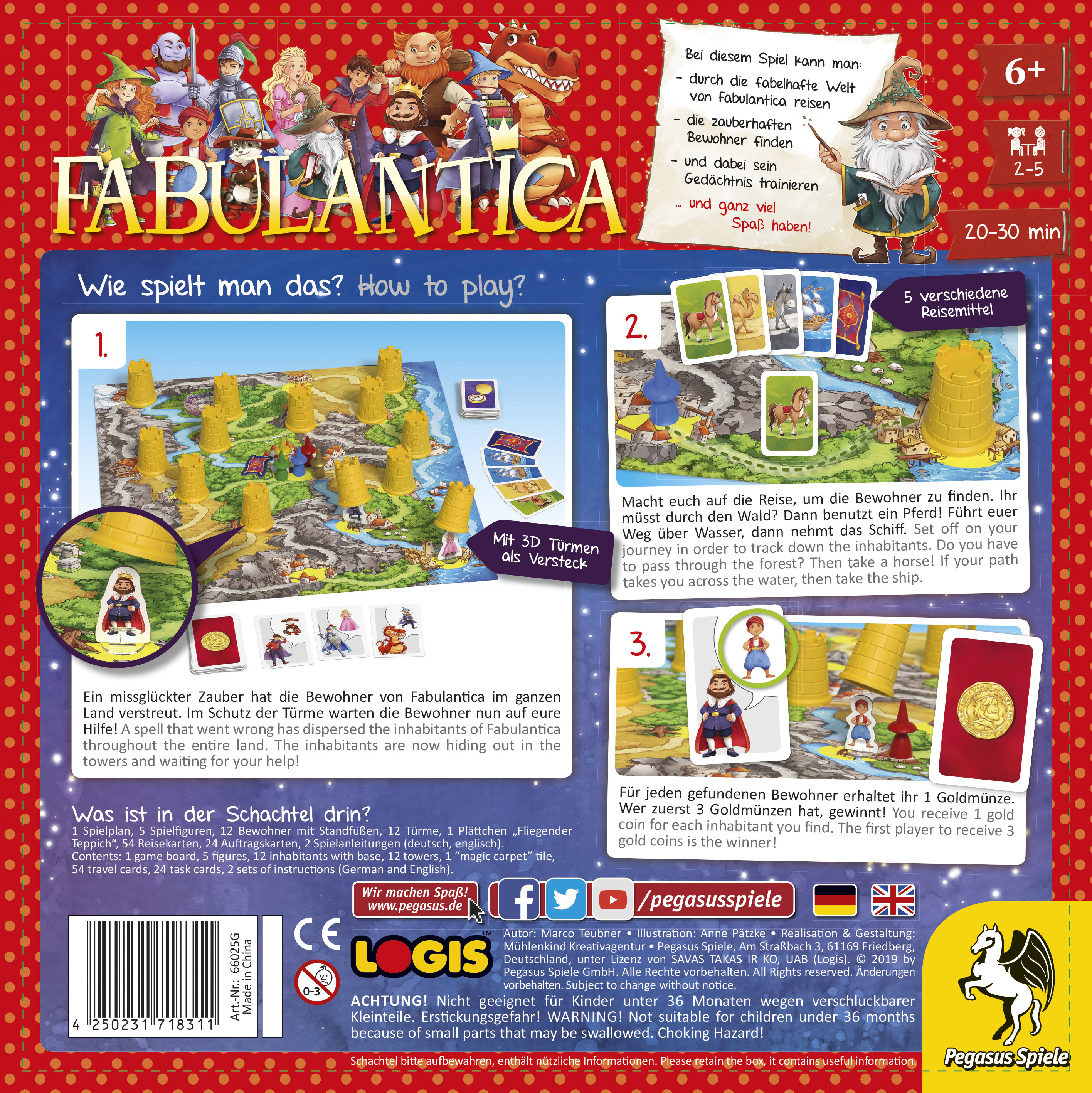 Brettspielbox mit dem Titel FABULANTICA, zeigt Spielkomponenten, Charaktere und Anweisungen.