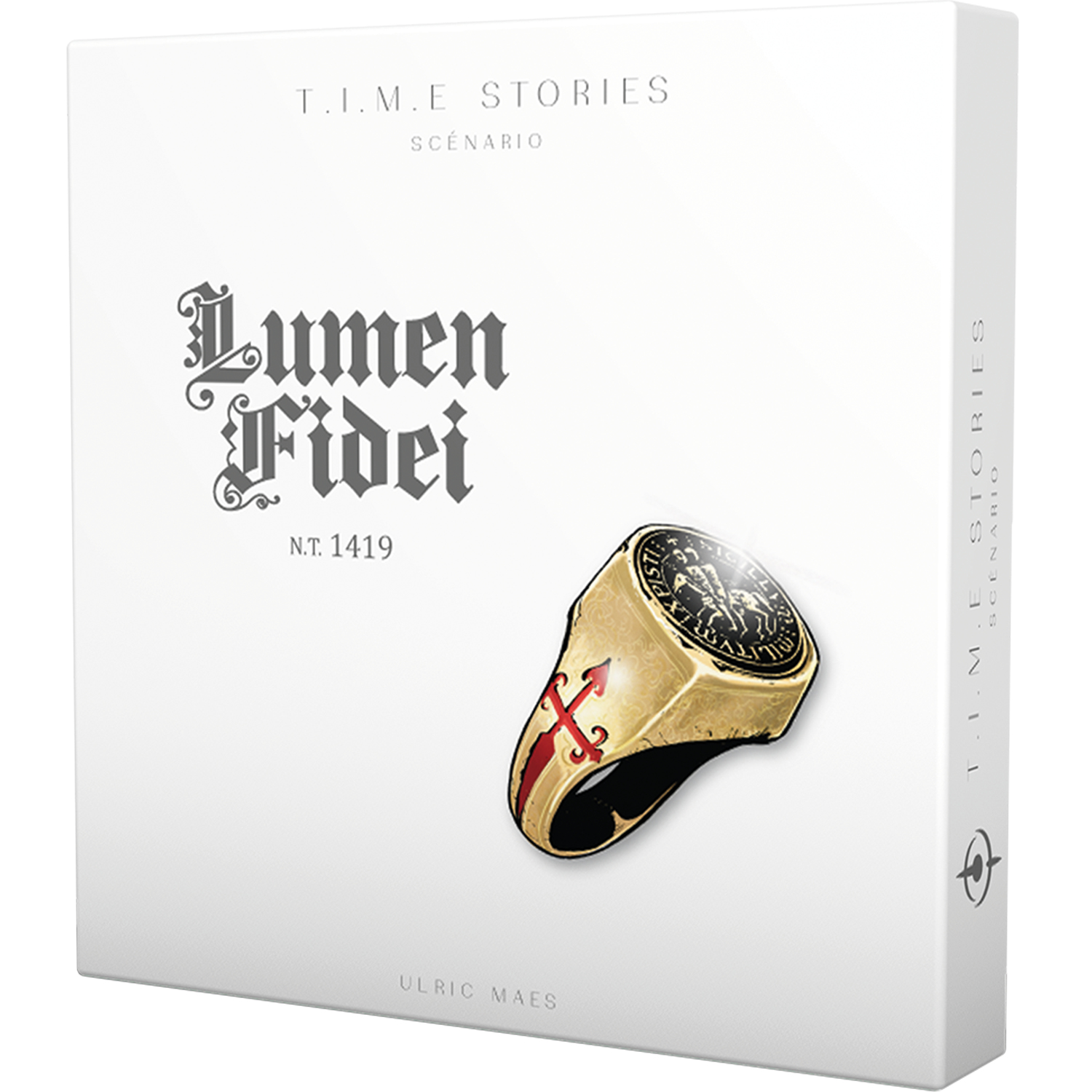 Eine weiße Box mit einem goldenen Ring. Auf der Box steht 'Lumen Fidei'. Der Ring zeigt ein Kreuz und eine Figur.