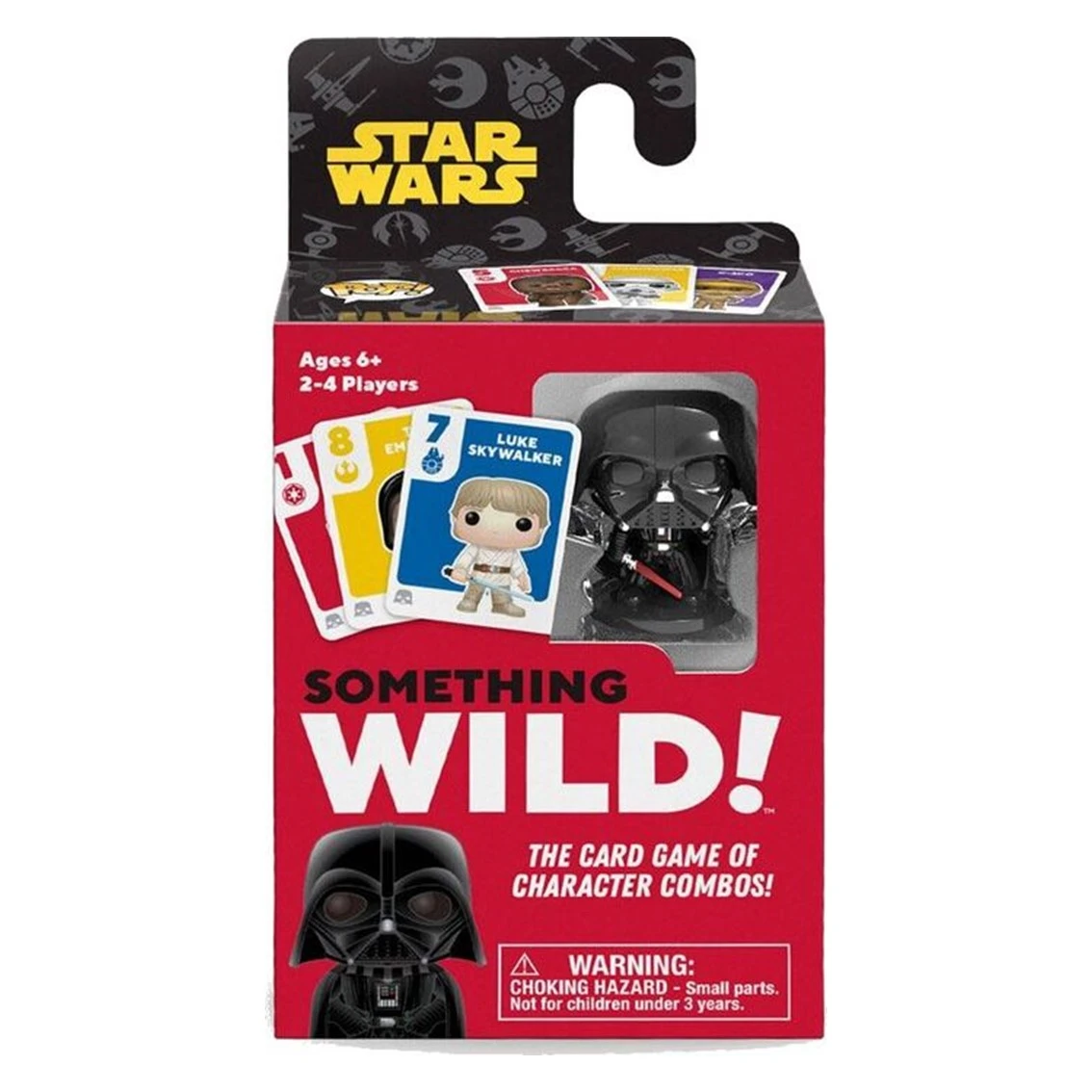 Una caja del juego de cartas Star Wars Something Wild! Muestra una figura de Darth Vader y cartas con Luke Skywalker. La caja es roja.