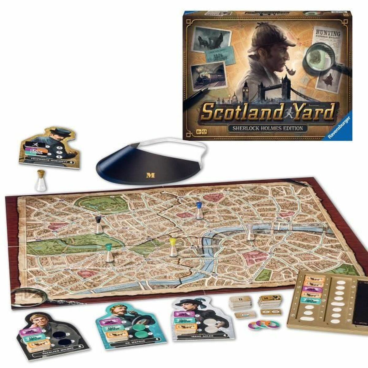 Gra planszowa Scotland Yard. Zawiera planszę, pionki, karty i pudełko z ilustracją Sherlocka Holmesa.