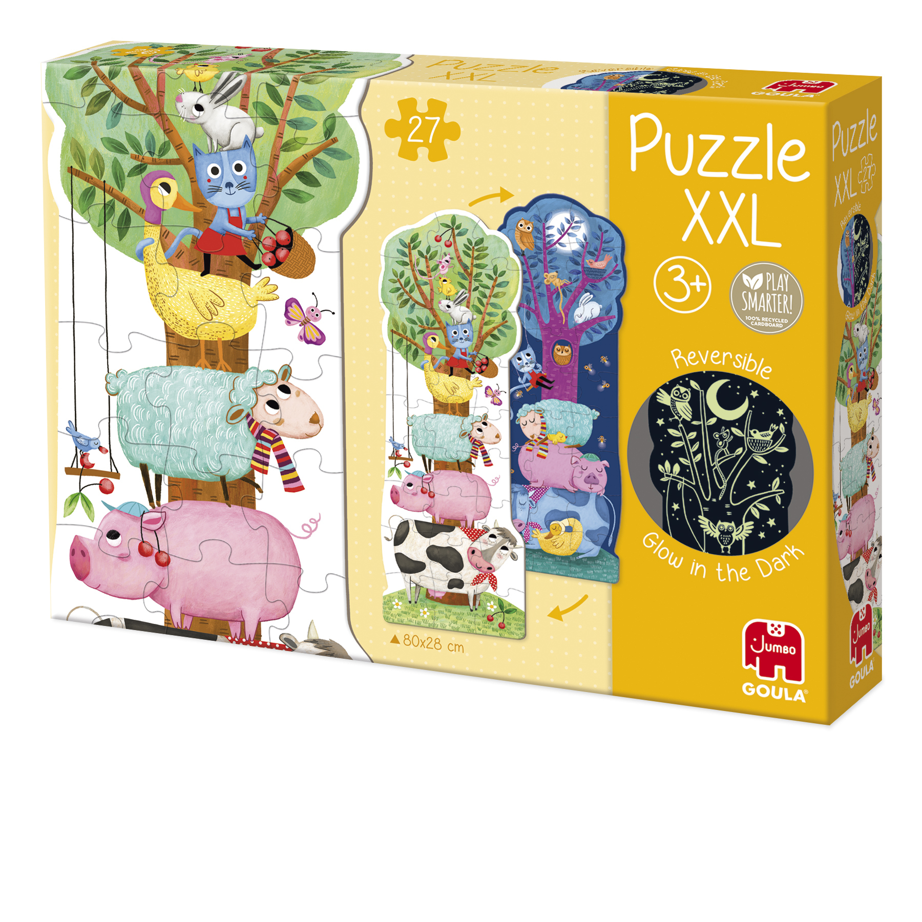 Pudełko z puzzlami z ilustracjami zwierząt. Zawiera kota, owcę, świnię, krowę i sowy. Na pudełku napis 'Puzzle XXL'.