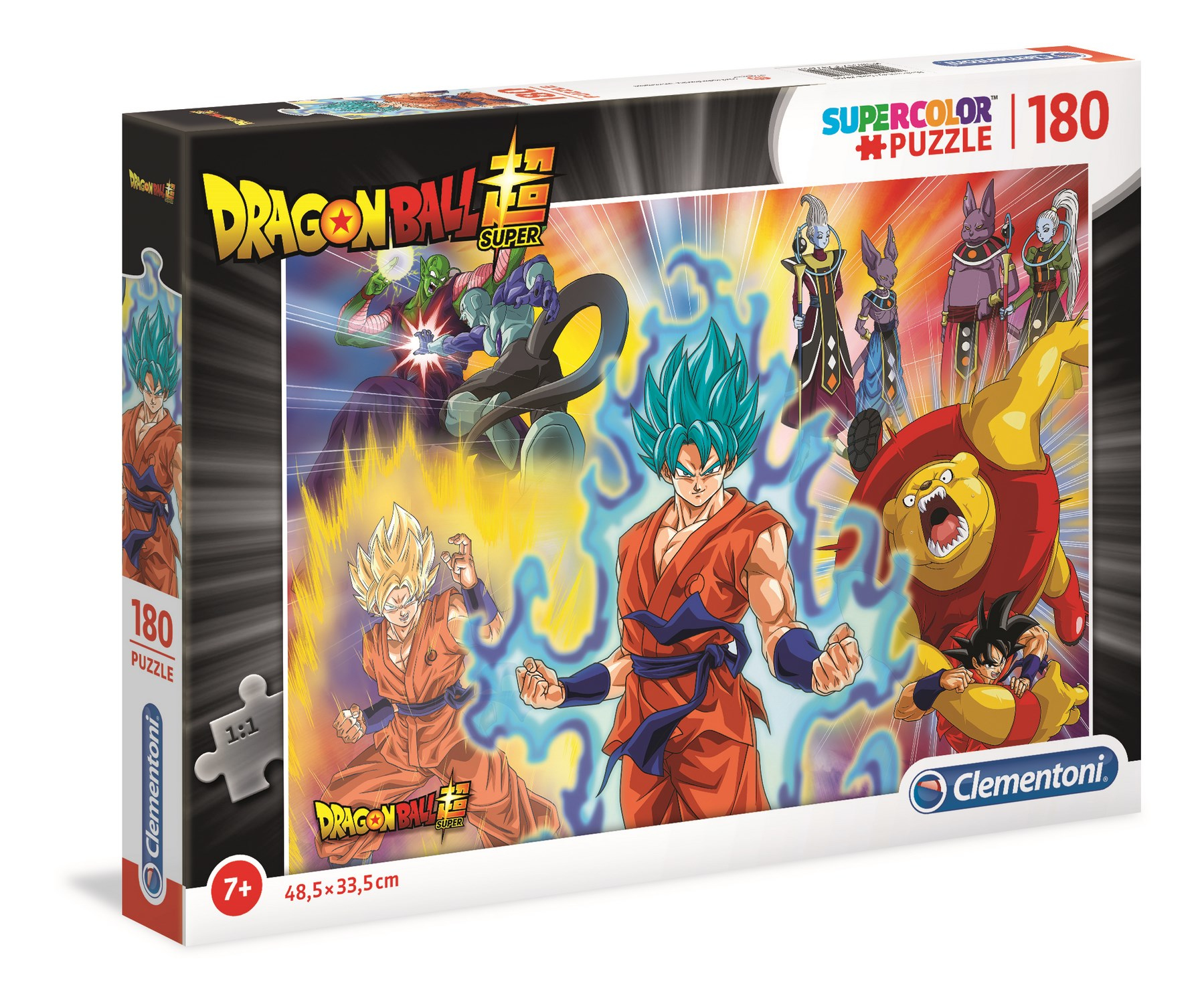 Pudełko z puzzlami Dragon Ball Super. Zawiera postacie w pozach akcji z żywymi kolorami i efektami energii.
