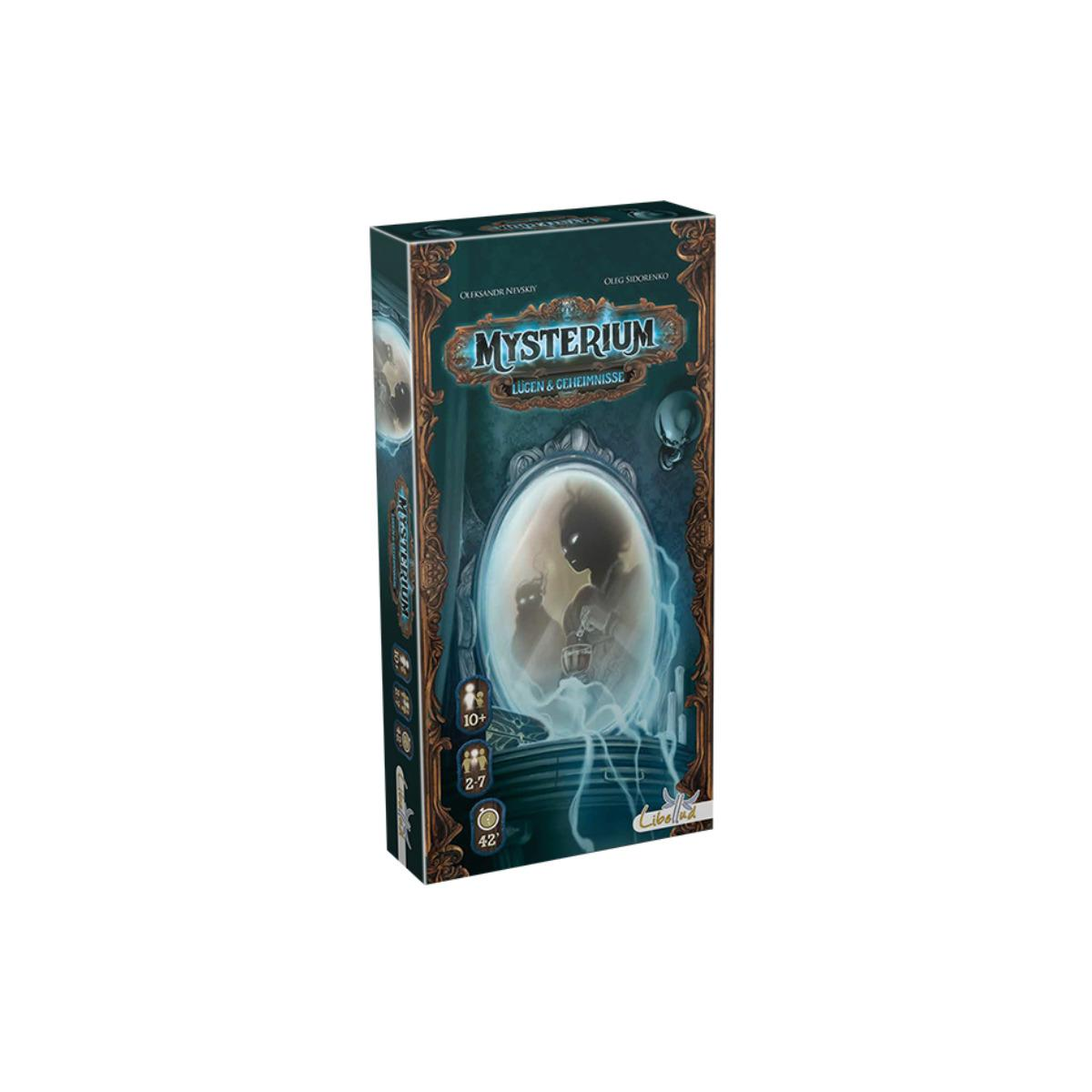 Eine Mysterium-Brettspielbox. Die Abdeckung zeigt ein Geisterbild in einem Spiegel. Der Text lautet 'Mysterium Lügen & Geheimnisse'.