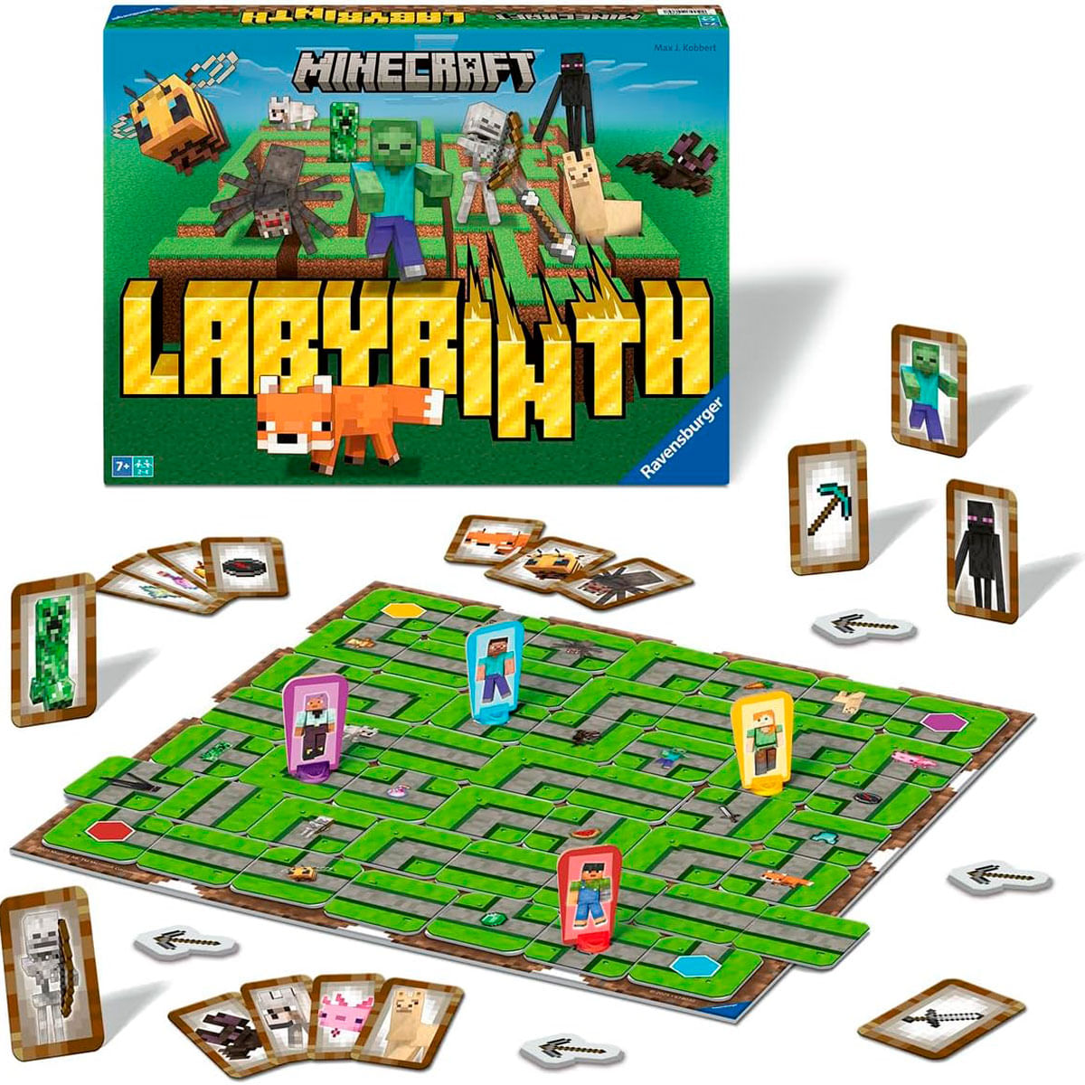 Gra planszowa Minecraft Labyrinth. Na pudełku postacie. Plansza z labiryntem, pionkami i kartami.