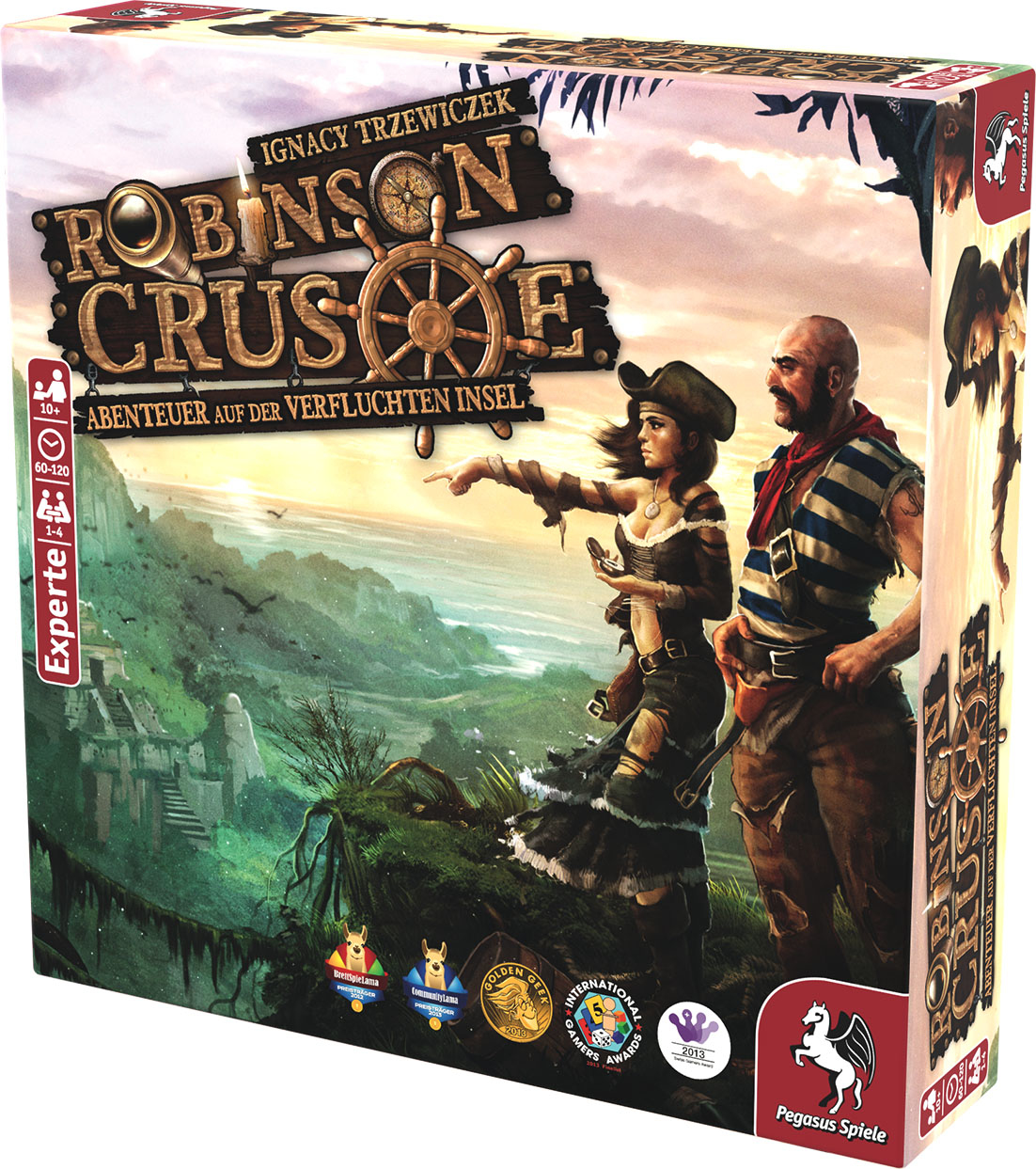 Box-Art für das Brettspiel Robinson Crusoe. Zeigt zwei Personen auf einer Insel, die zeigen. Text enthält Spieletitel, Autor und Auszeichnungen.