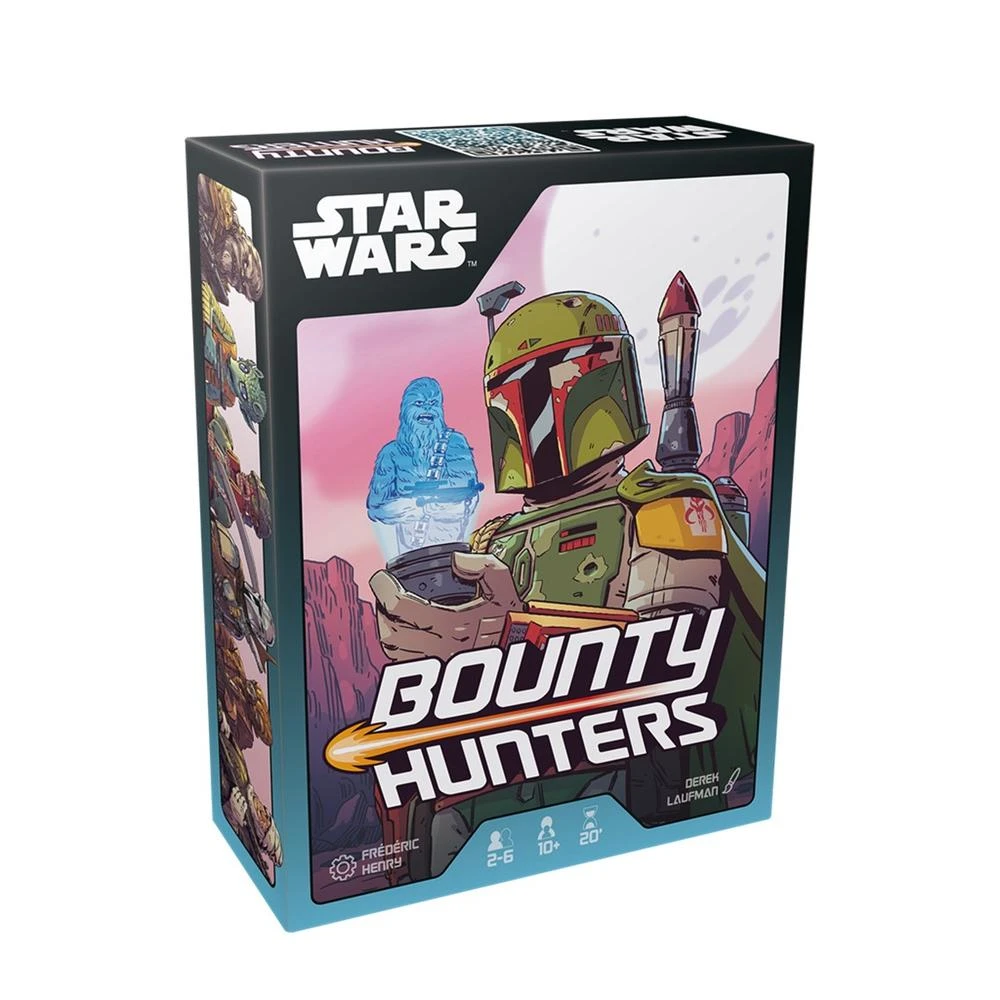 Box-Art für das Star Wars Bounty Hunters Brettspiel. Zeigt Boba Fett, Chewbacca-Hologramm und Spieldetails vor Weltraumhintergrund.