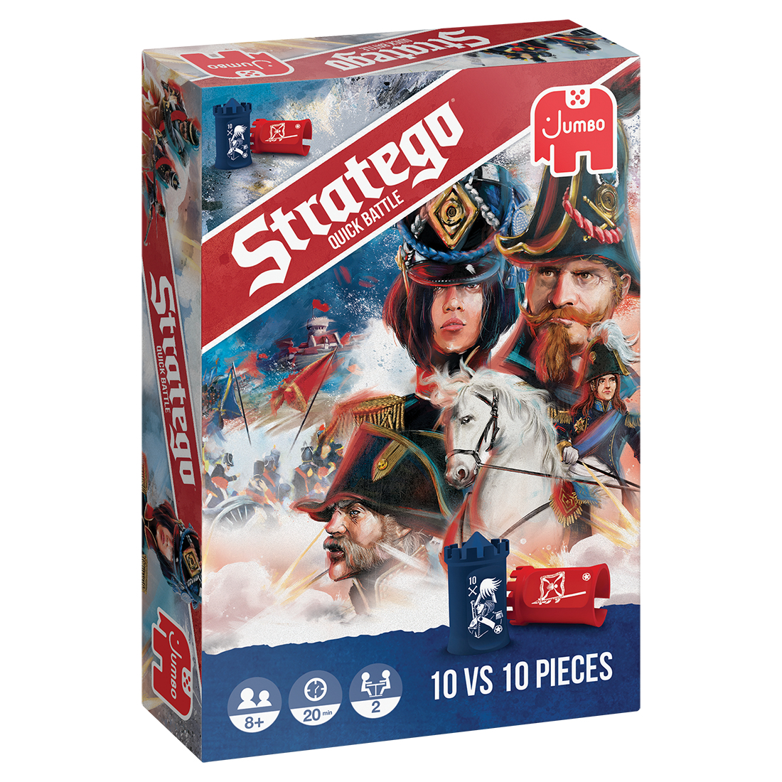 Stratego Quick Battle speldoos. Toont een gevechtsscène met soldaten en een wit paard. Inclusief speld details en het Jumbo logo.