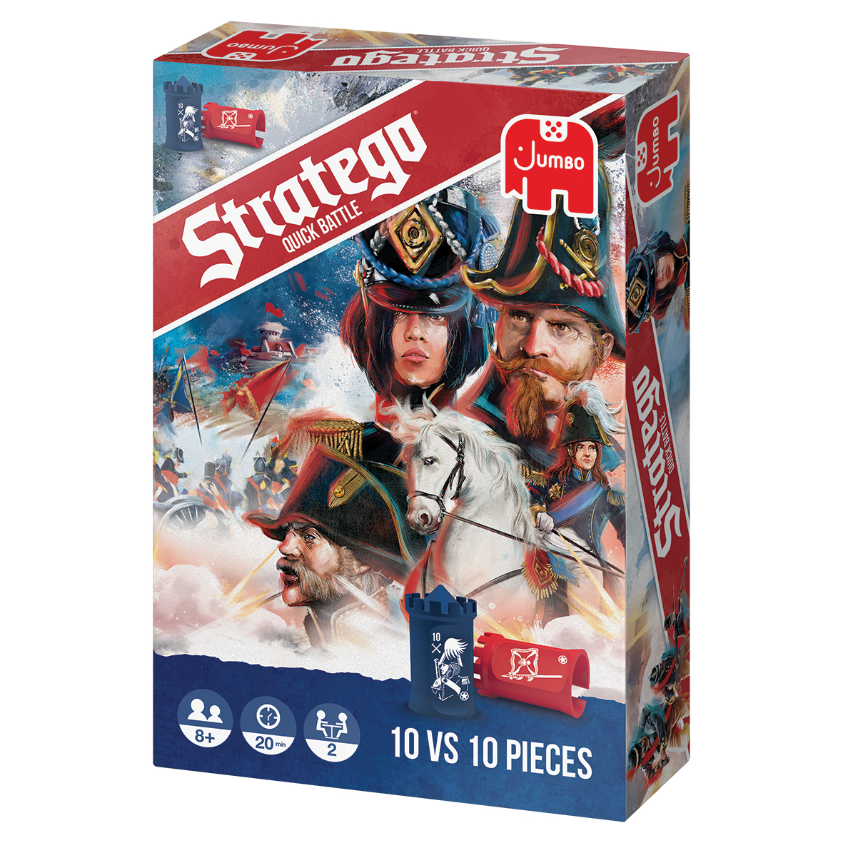 Stratego Quick Battle speldoos. Kunstwerk toont militaire figuren, een wit paard en het logo van het spel, met een blauw en rood kleurenschema.