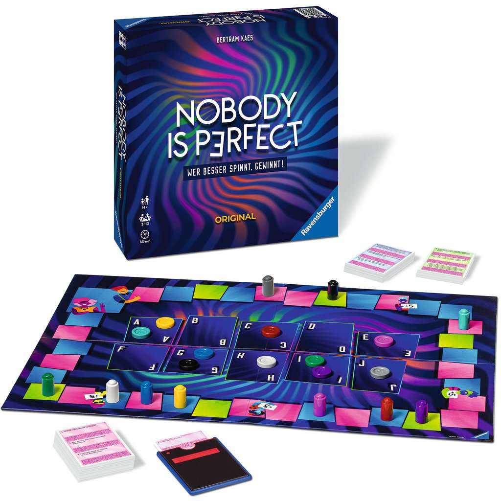Un gioco da tavolo intitolato 'Nobody is Perfect' con tabellone, pedine e carte. La scatola mostra il nome del gioco e il logo.