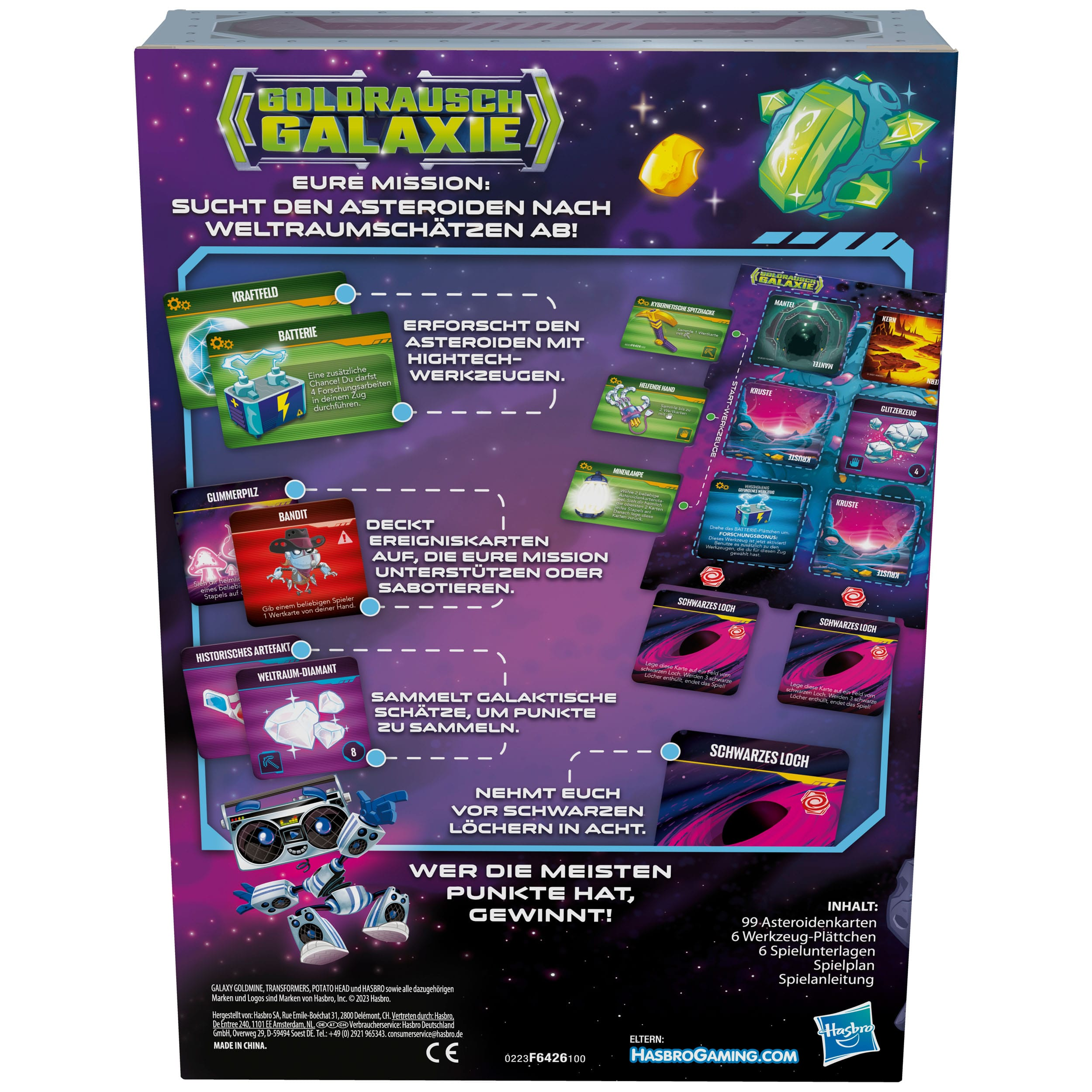 Spielbox mit Weltraumthema. Zeigt Karten, Weltraumbilder und Text auf Deutsch.