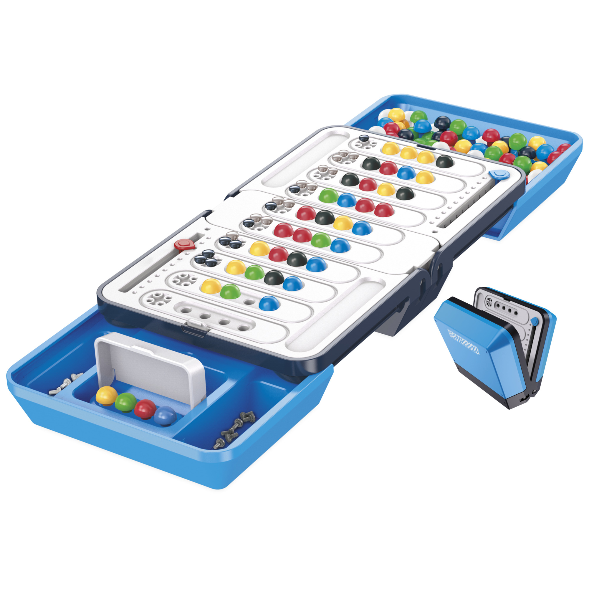 Ein blaues Mastermind-Spielset ist geöffnet. Es enthält farbige Stifte und Aufbewahrungsschalen. Ein kleineres Set befindet sich an der Seite.