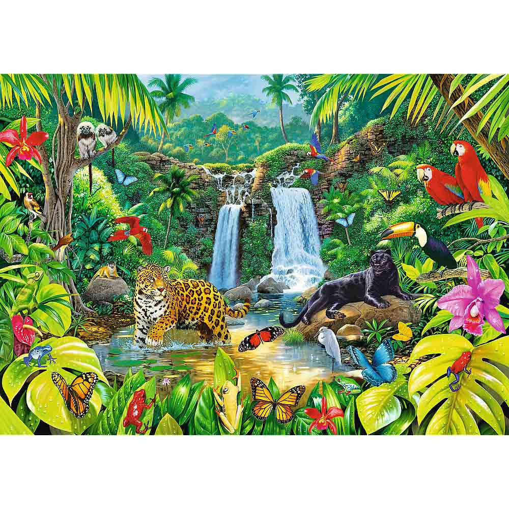 Una vibrante escena de la jungla con jaguar, pantera, cascadas, loros, tucán, mariposas y exuberante vegetación.
