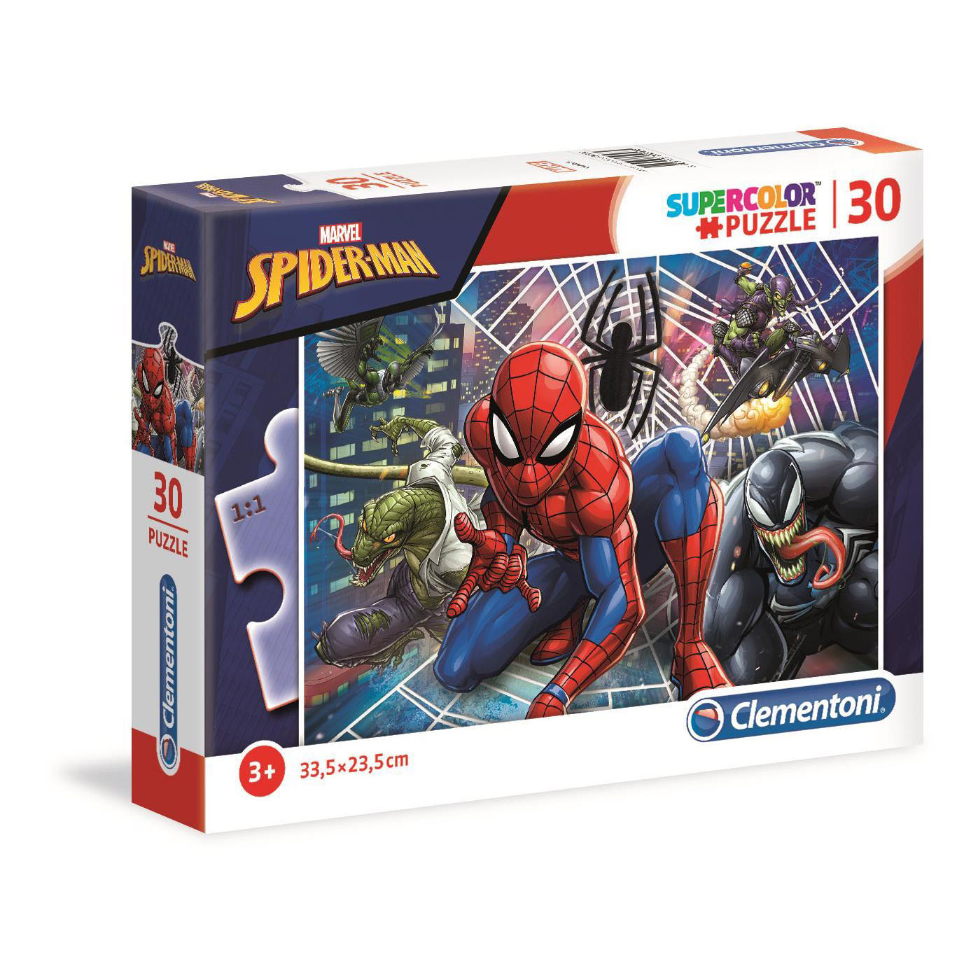 La scatola del puzzle mostra Spider-Man e i cattivi. Le caratteristiche includono Venom, Lizard, Goblin e un grande ragno su uno sfondo di ragnatela.