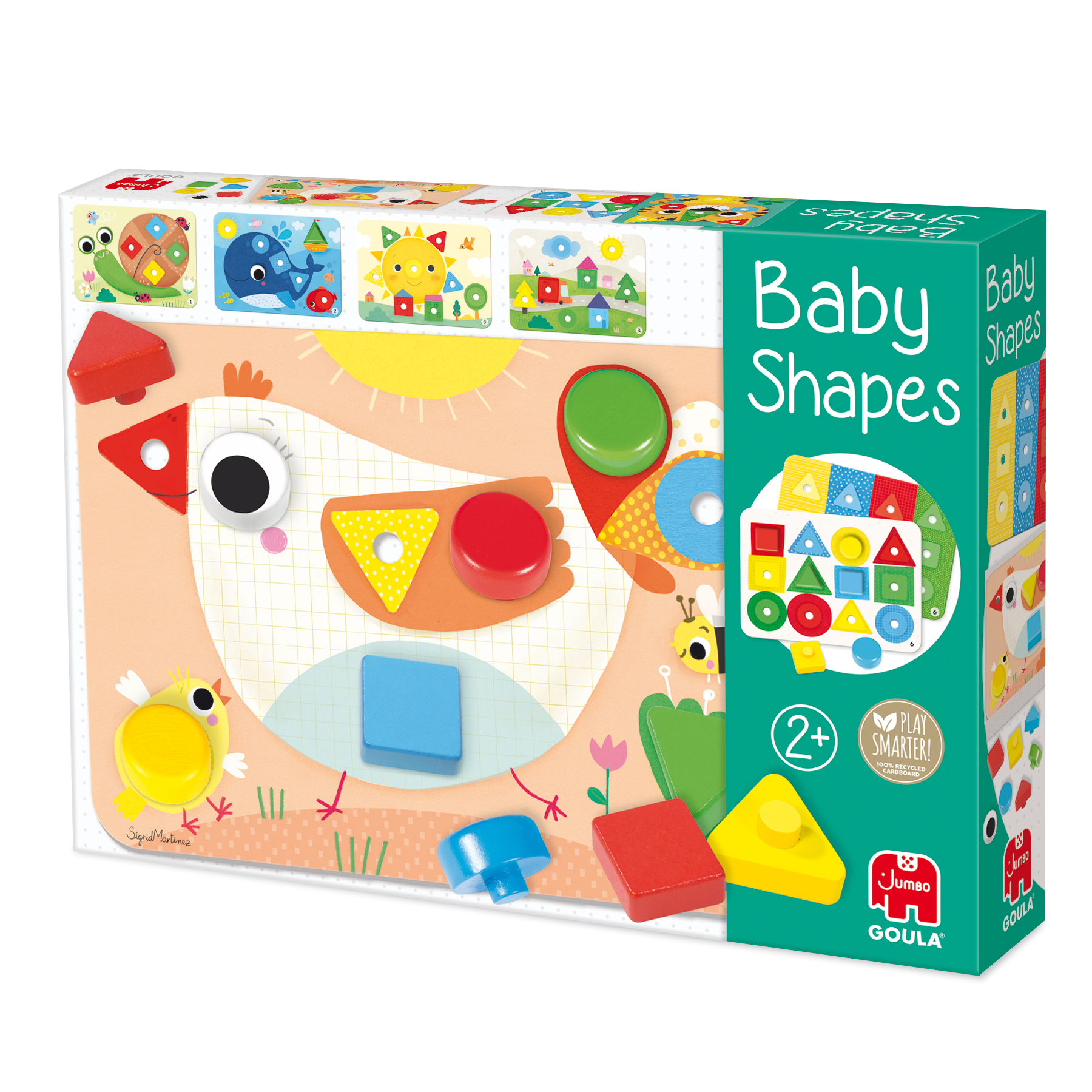Una scatola di puzzle a forma di bambino. Include forme di legno e immagini di animali e oggetti sulla scatola.