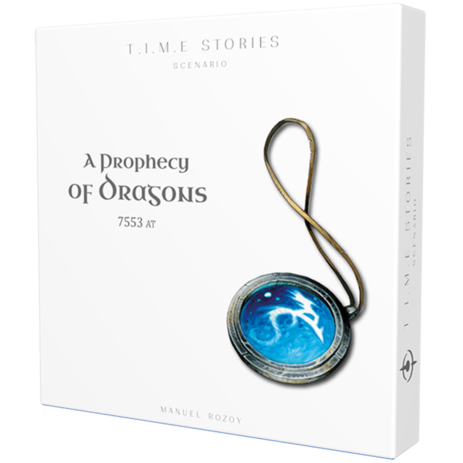Schachtel des T.I.M.E Stories Spiels mit dem Titel "A Prophecy of Dragons" und einem Anhänger mit blauem Kristall.