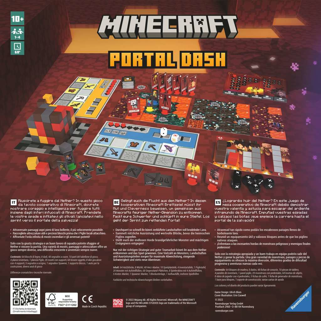 Pudełko gry planszowej Minecraft. Motyw portalu Nether, widoczne elementy gry i instrukcje.