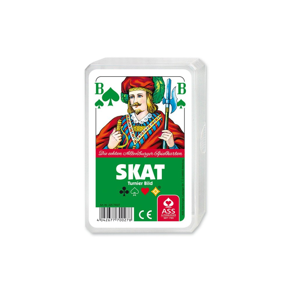 Ein Skatkartenspiel in einer durchsichtigen Plastikhülle. Die Karte zeigt einen Mann mit rotem Hut und Mantel, der eine Hellebarde hält.