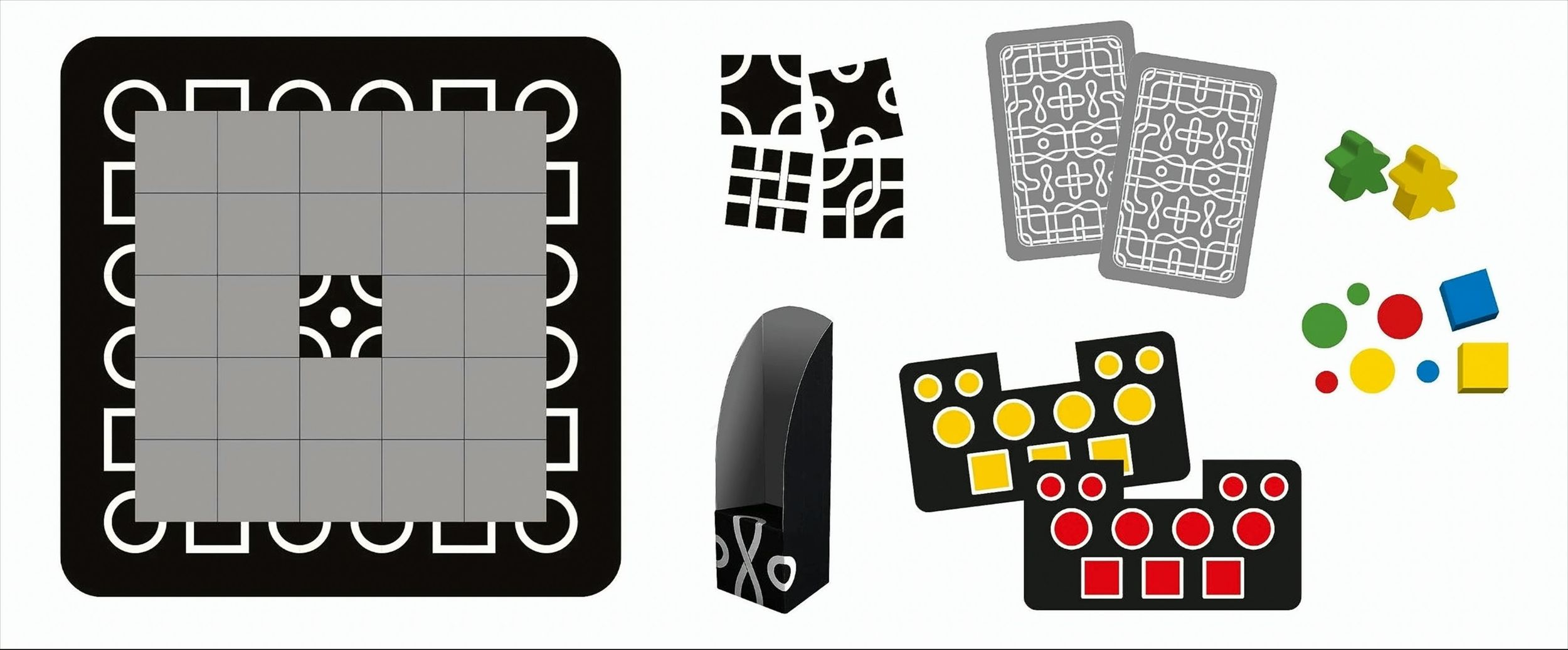 Brettspielkomponenten: Spielbrett, Karten, Spielsteine, Holzfiguren. Verschiedene Formen und Farben vorhanden.