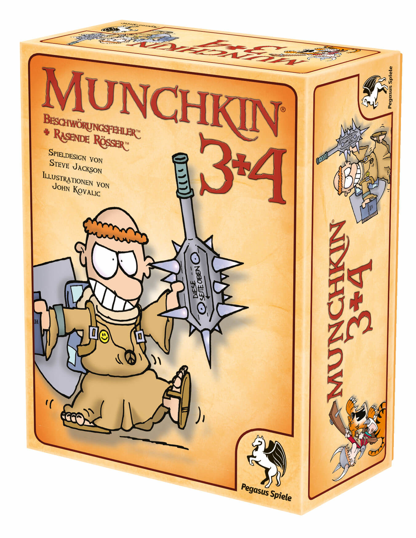 Munchkin 3+4 Brettspielbox. Cartoon-Mönch mit Streitkolben und Schild. Andere Seite zeigt Charaktere und Logo.