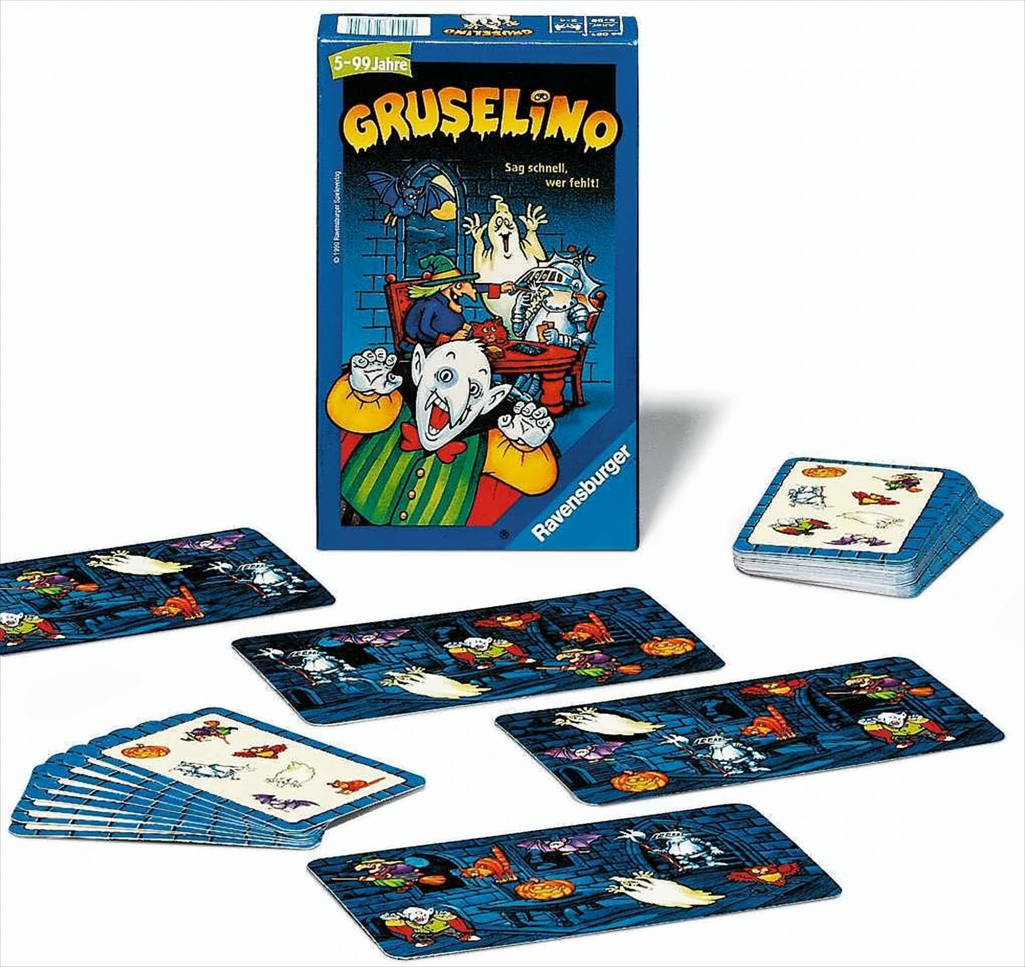 Ein Brettspielkarton, 'Gruselino', mit Karten und Illustrationen von Geistern, Hexen und Monstern. Karten sind verstreut.
