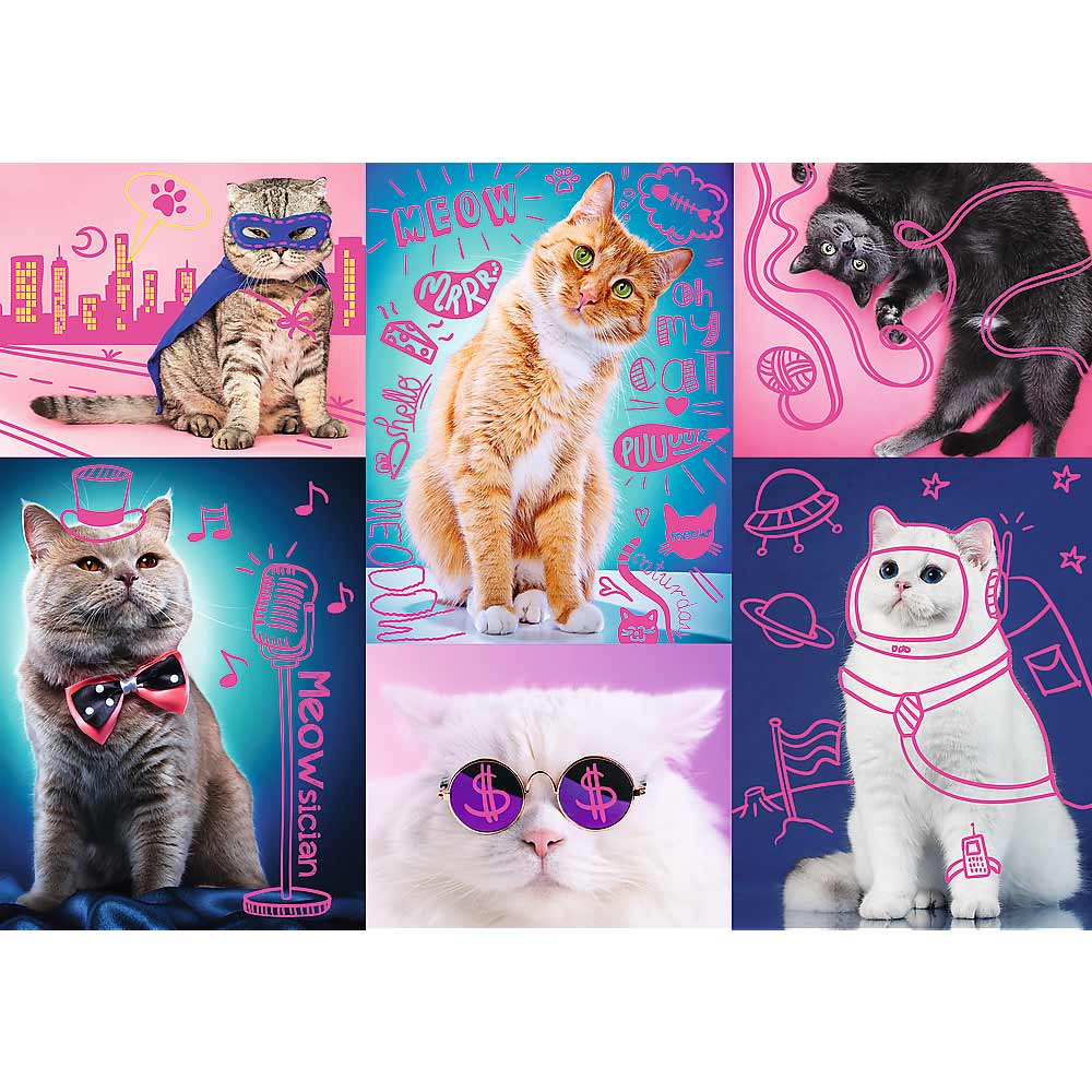Seis gatos con disfraces: superhéroe, gato naranja, gato negro boca abajo, músico, gato con gafas y astronauta.