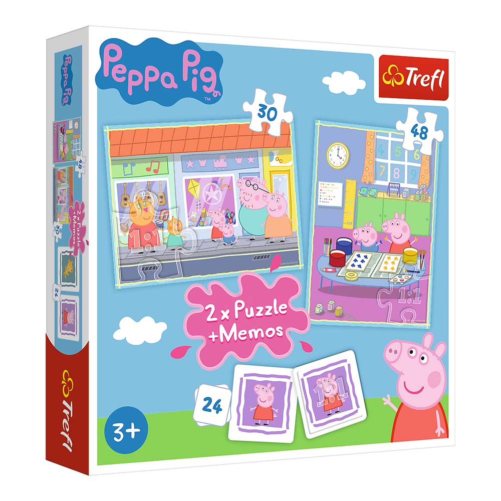 Pudełko z puzzlami Peppa Pig z puzzlami i notatkami, z Peppą i jej rodziną, wraz z logo Trefl.