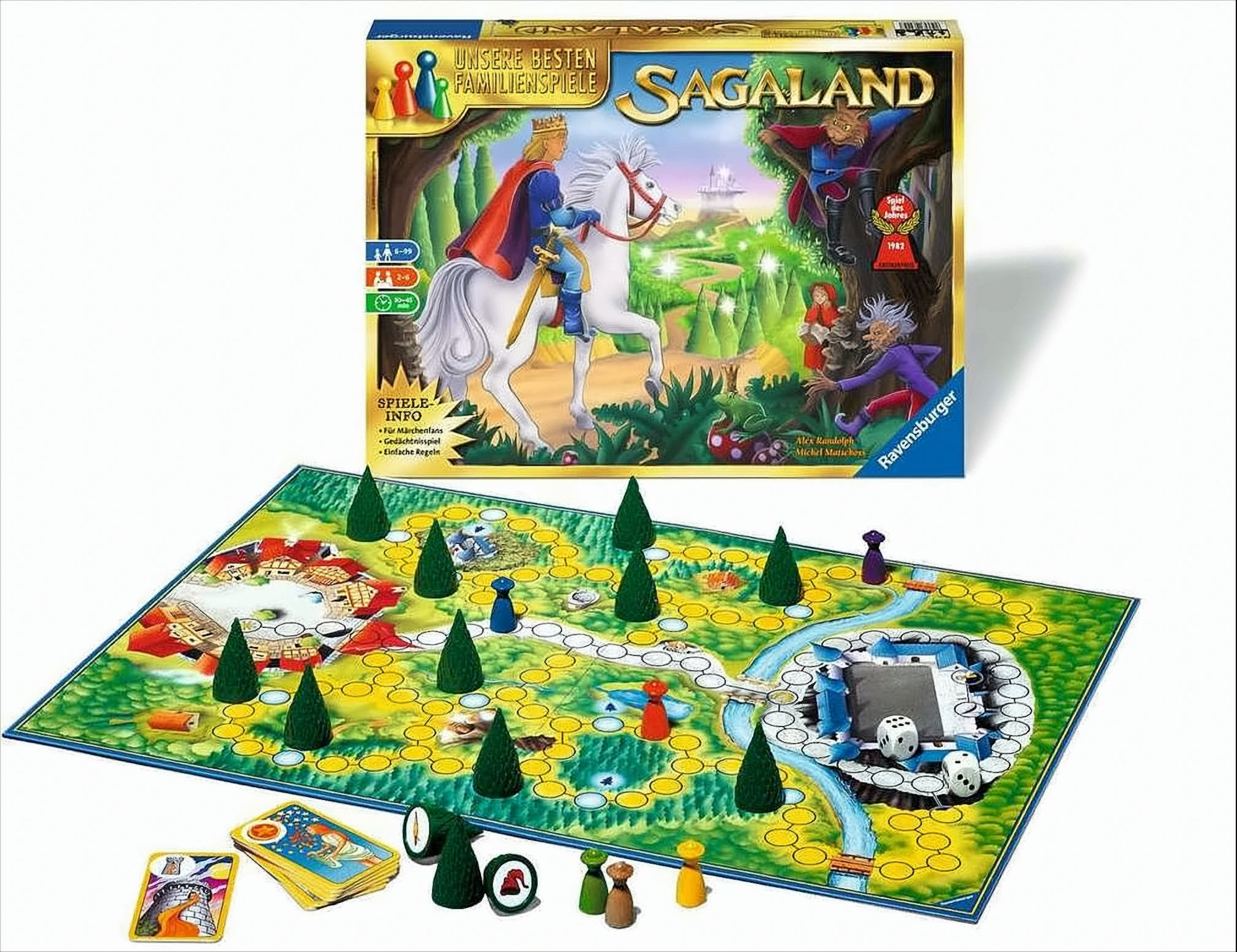 Sagalands-Brettspiel. Die Schachtel zeigt einen König auf einem Pferd. Das Brettspiel ist grün mit Bäumen und Spielfiguren.