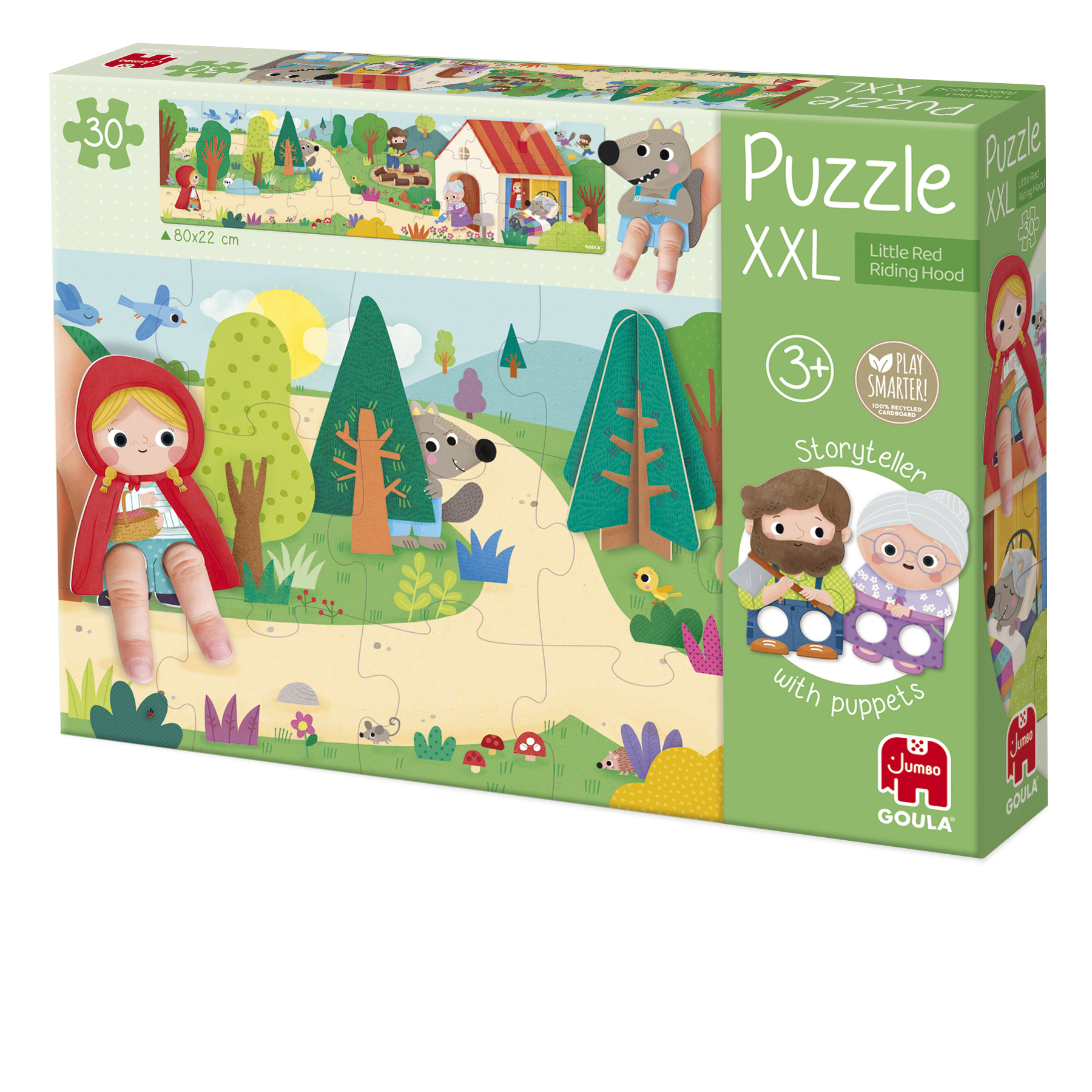 Pudełko z puzzlami Czerwonego Kapturka. Zawiera scenę leśną, postacie i elementy lalek.