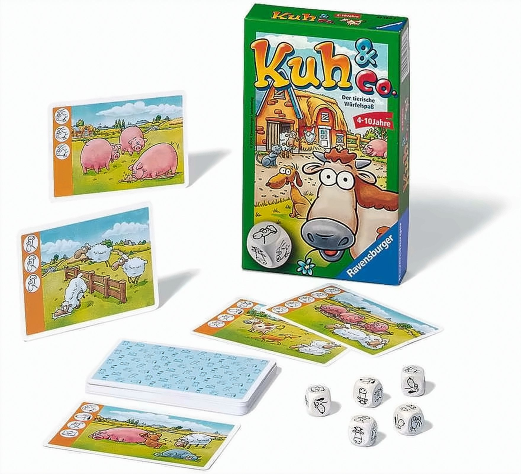 Un gioco da tavolo intitolato "Kuh & Co." con carte, dadi e una scatola con animali della fattoria.