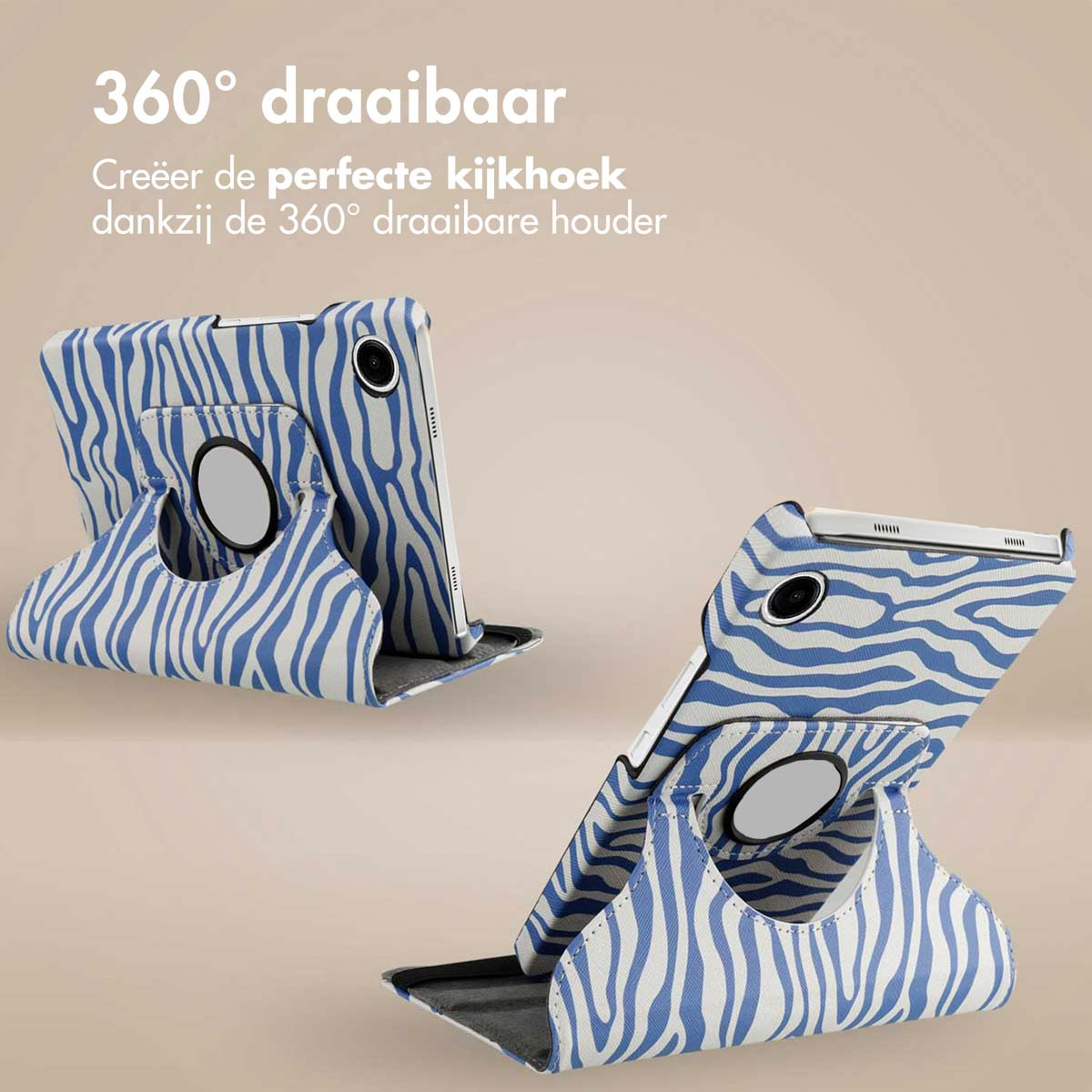 Two tablet cases with blue and white zebra print. They are in different positions, showcasing the 360-degree rotating feature.