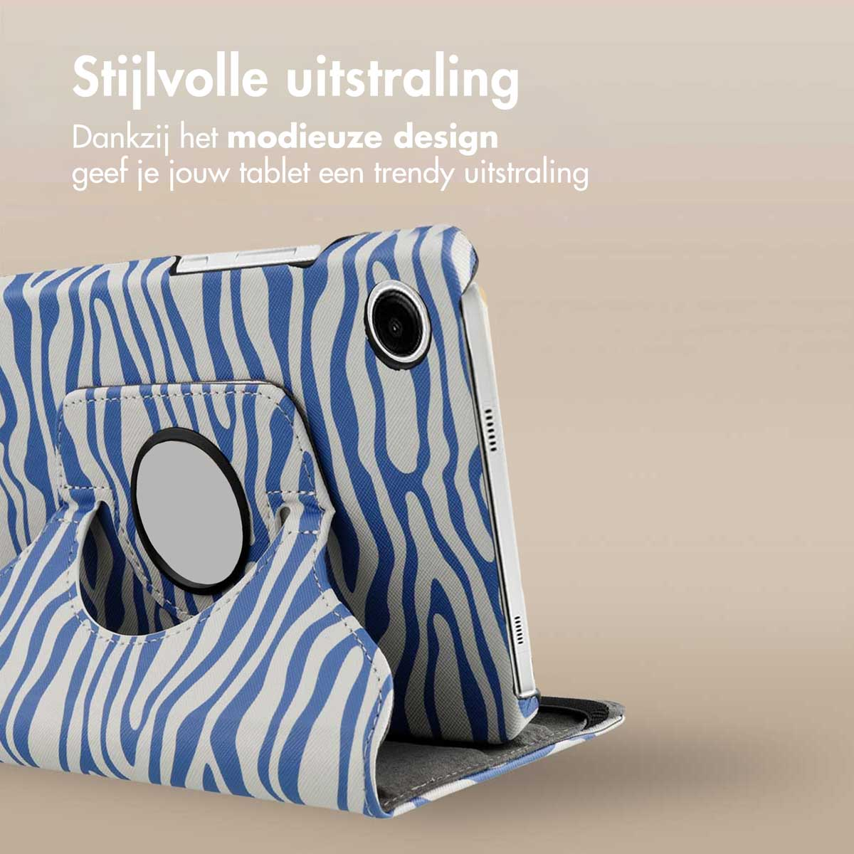 Tablet in a zebra-striped case. Blue and white stripes. The tablet is propped up, with a camera visible. Beige background.