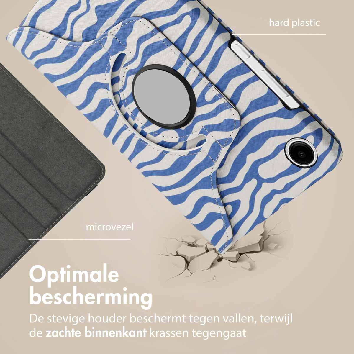 A tablet case with a blue and white wave pattern. Text says 'Optimal protection'. It is made of hard plastic and microfibre.